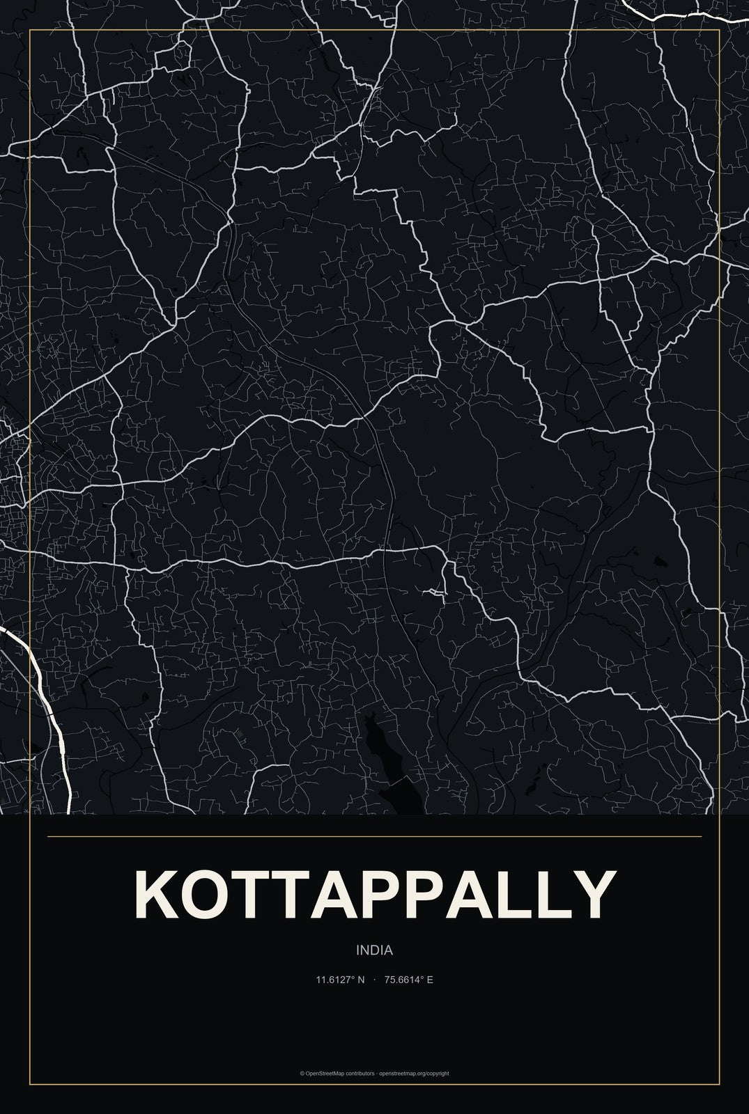 Kottappally, India City Map Aluminum Sign in Metropolitan Noir style