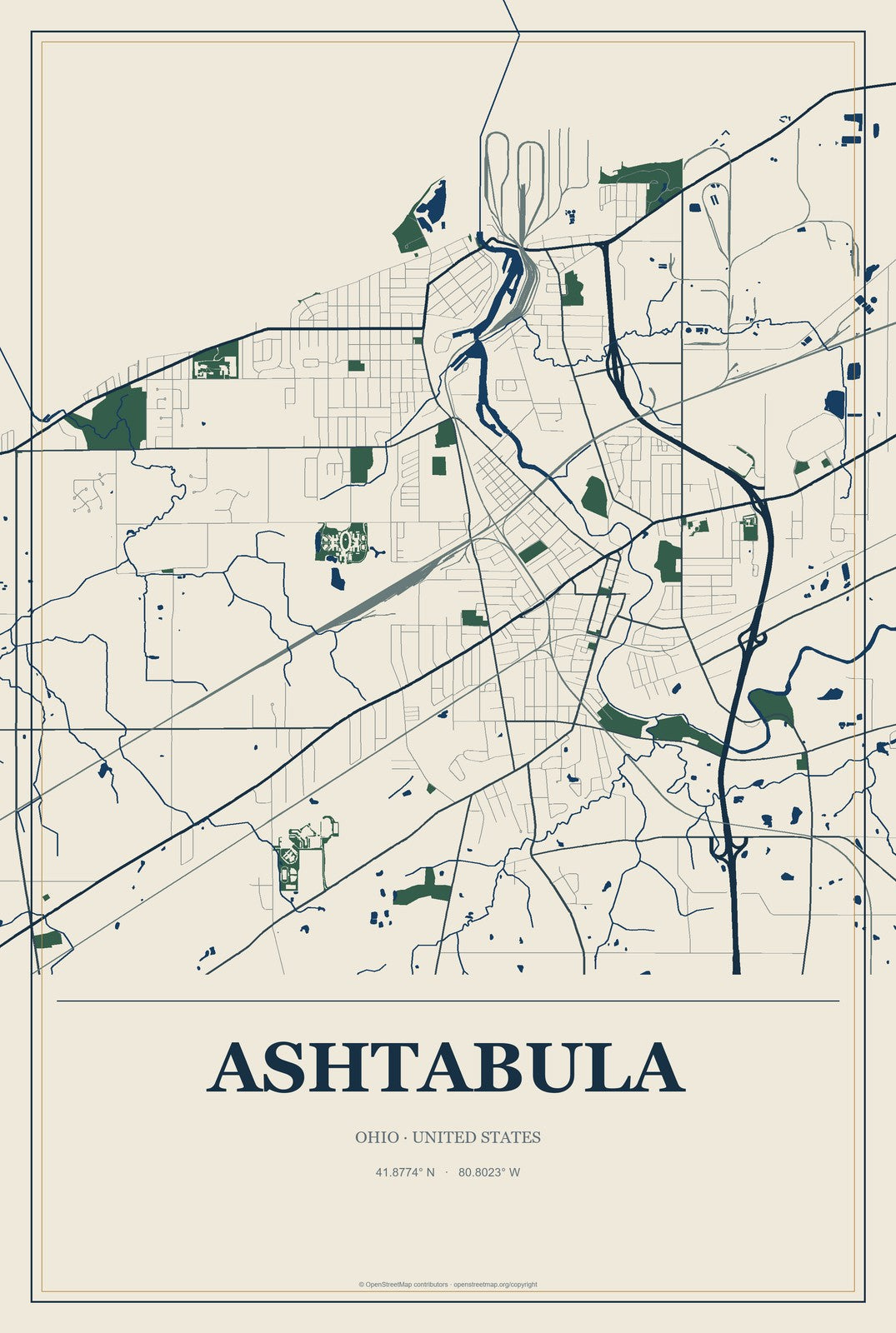 Ashtabula, Ohio City Map Aluminum Sign in Coastal Cutout style