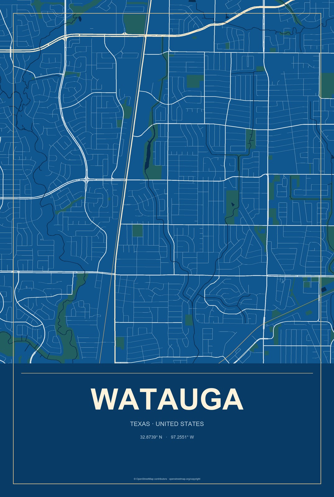 Watauga, Texas City Map Aluminum Sign in Harbor Cobalt style