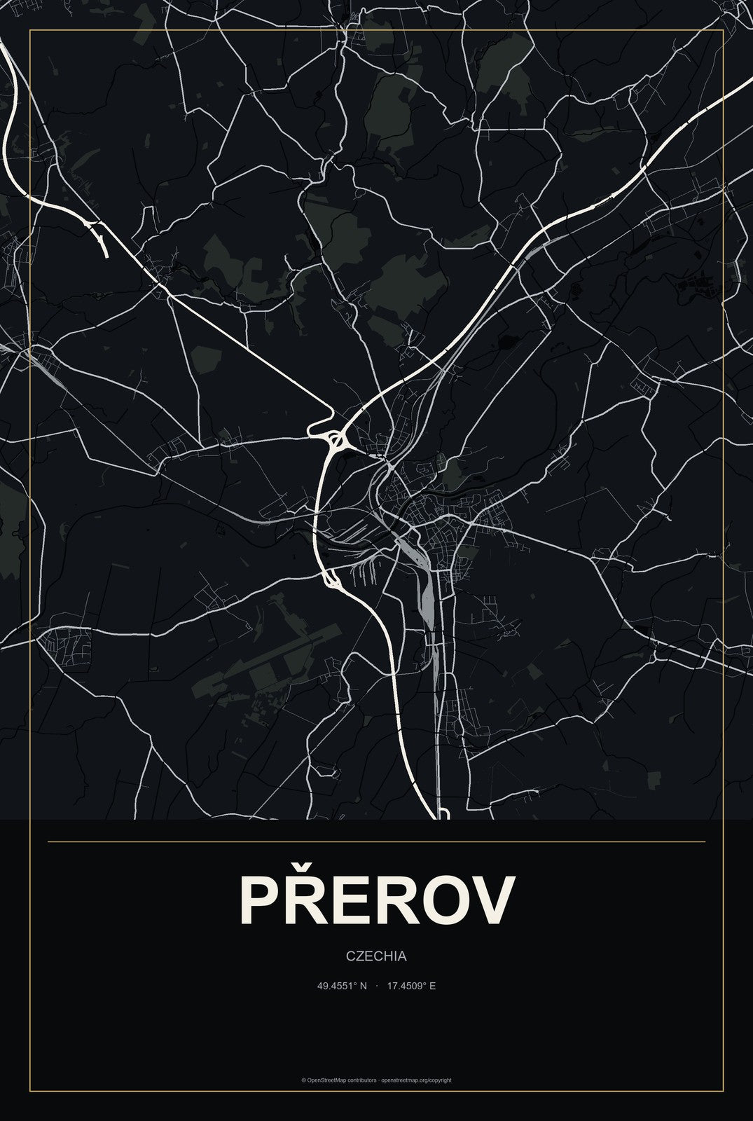 Přerov, Czechia City Map Aluminum Sign in Metropolitan Noir style