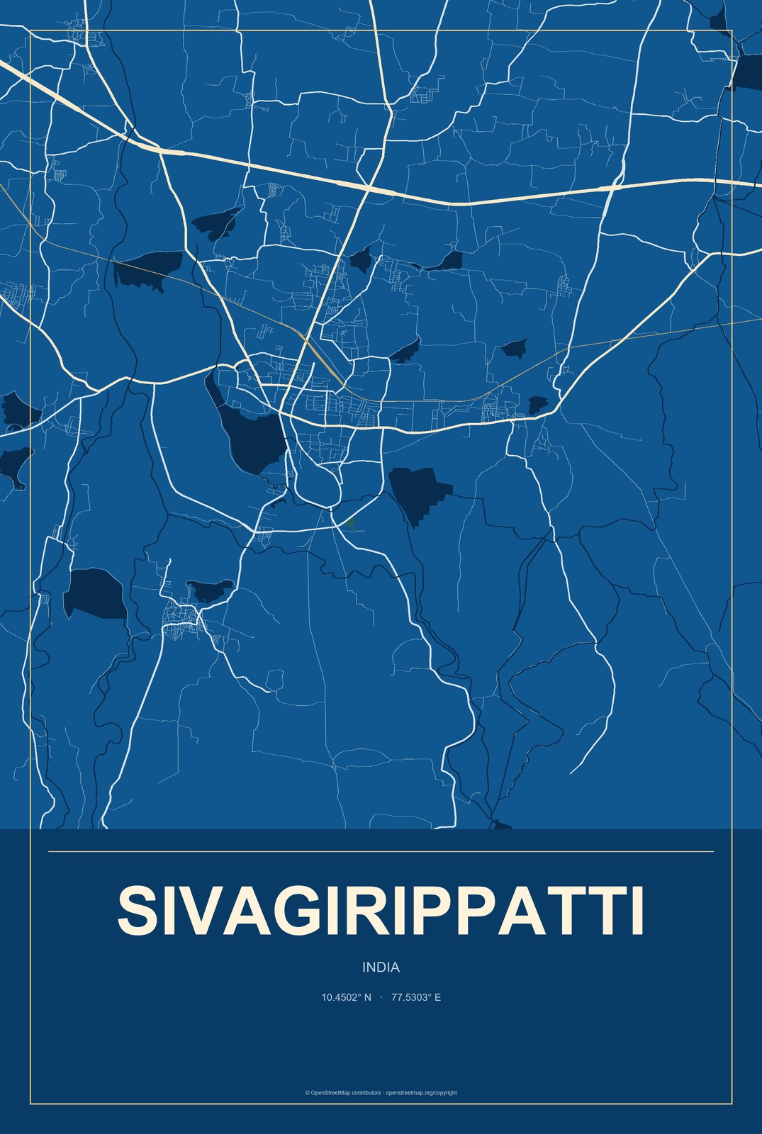 Sivagirippatti, India City Map Aluminum Sign in Harbor Cobalt style