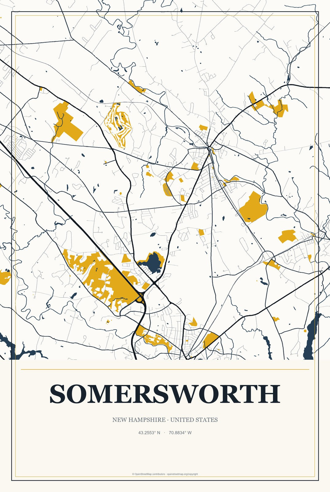 Somersworth, New Hampshire City Map Aluminum Sign in Citrine Modern style