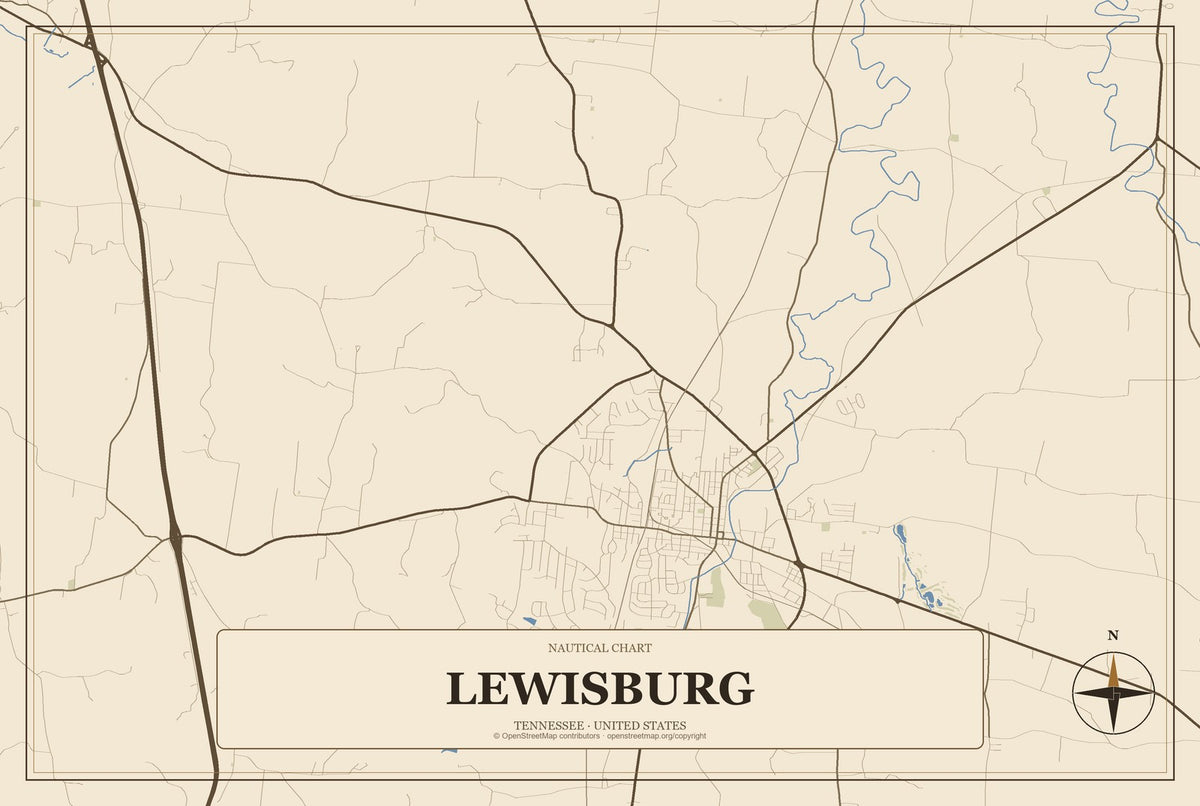 Lewisburg, Tennessee City Map Aluminum Sign in Heritage Nautical style