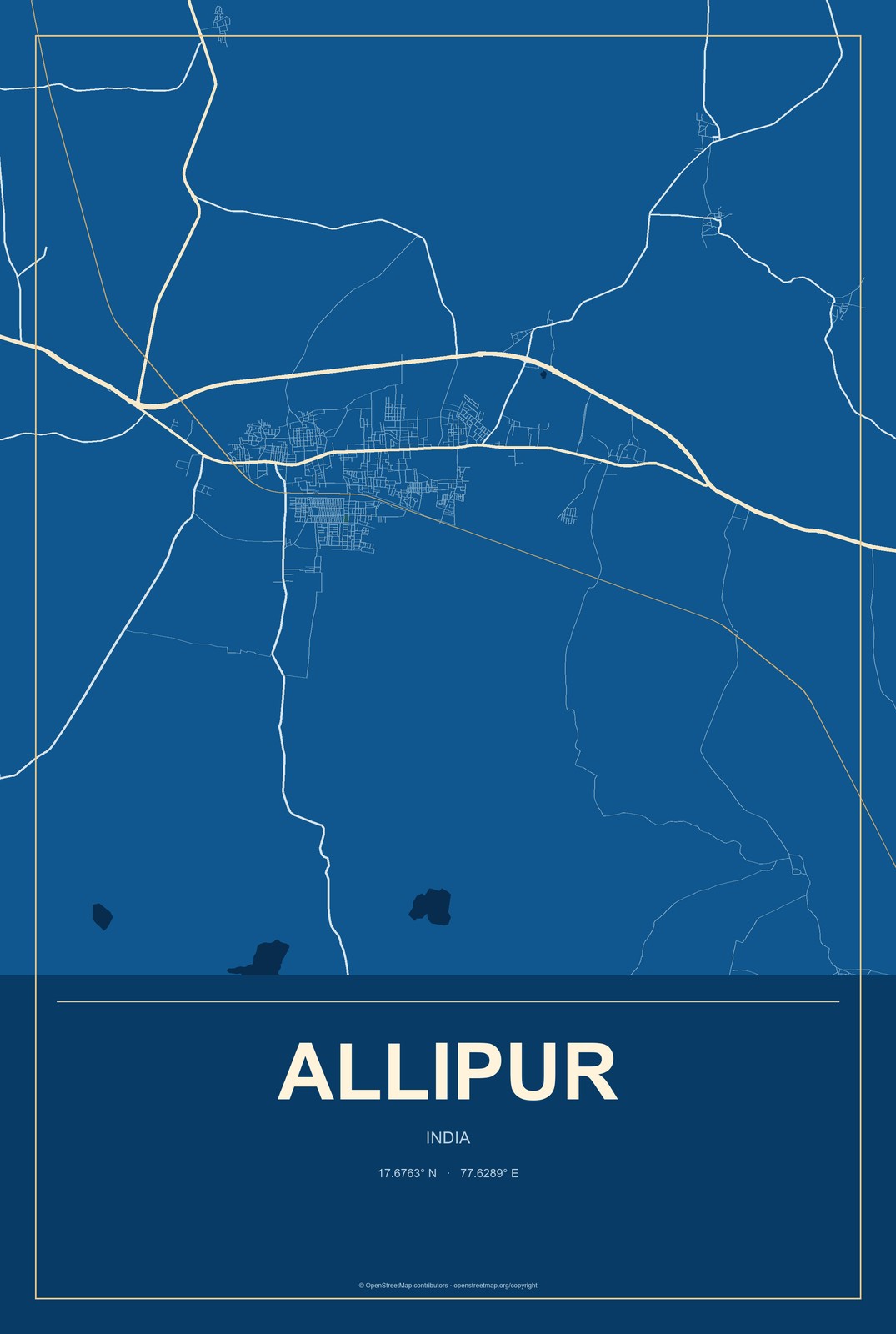 Allipur, India City Map Aluminum Sign in Harbor Cobalt style