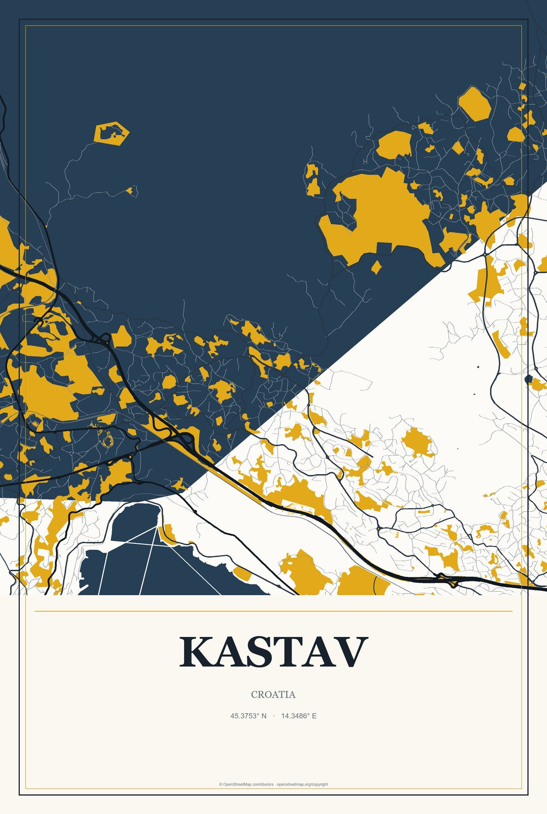 Kastav, Croatia City Map Aluminum Sign in Citrine Modern style