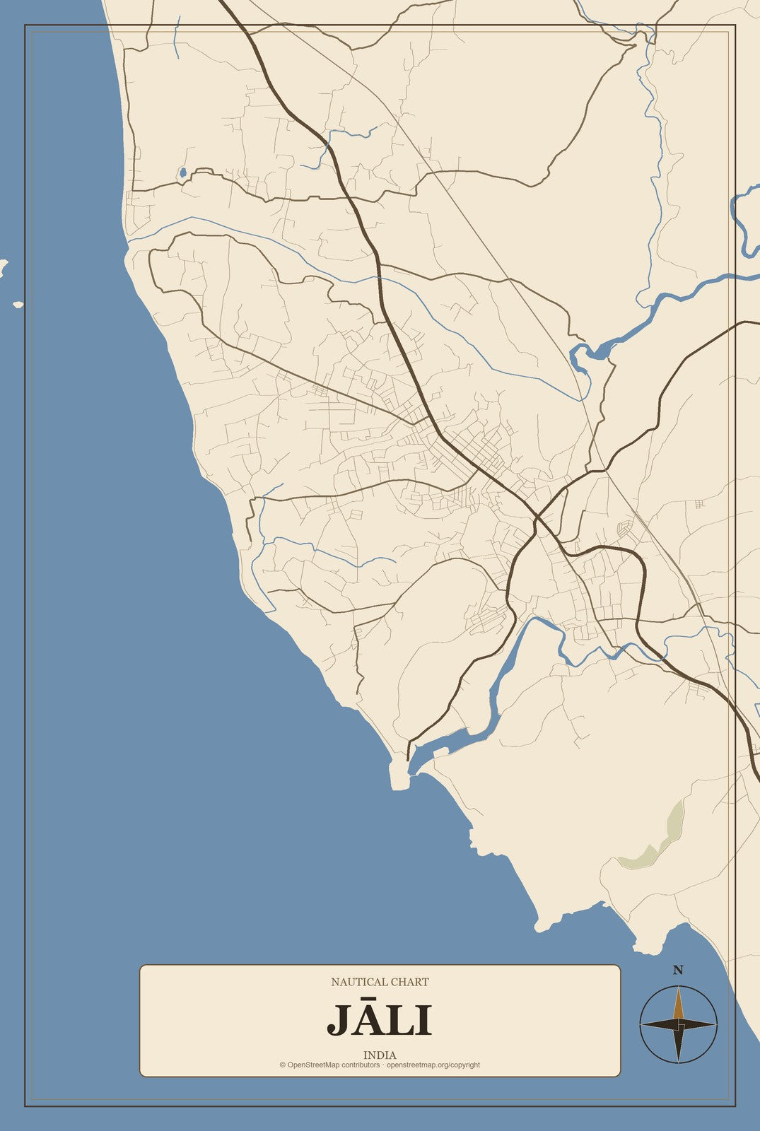Jāli, India City Map Aluminum Sign in Heritage Nautical style