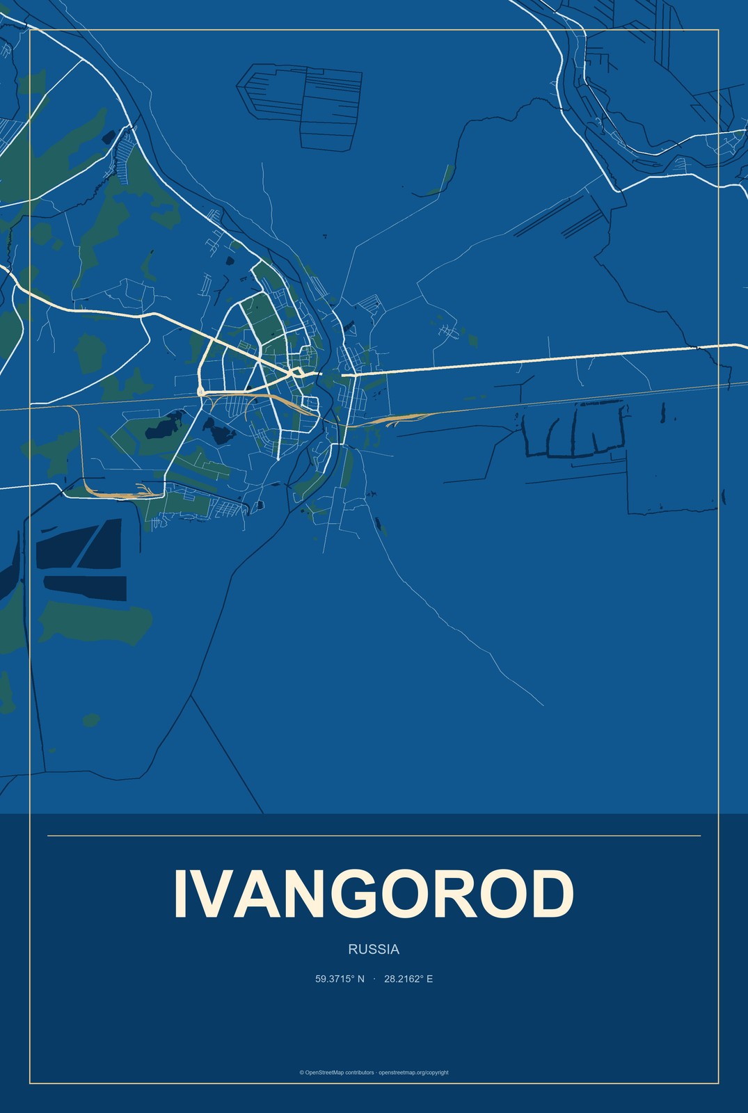 Ivangorod, Russia City Map Aluminum Sign in Harbor Cobalt style