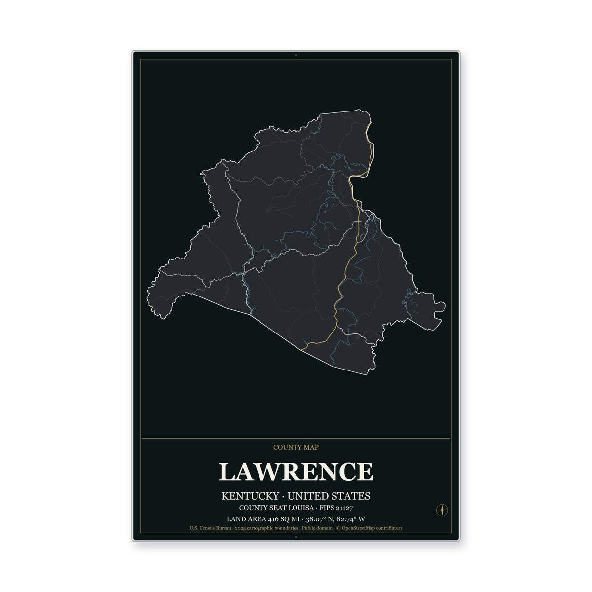 Lawrence County, Kentucky Map Aluminum Sign in Metropolitan Noir style