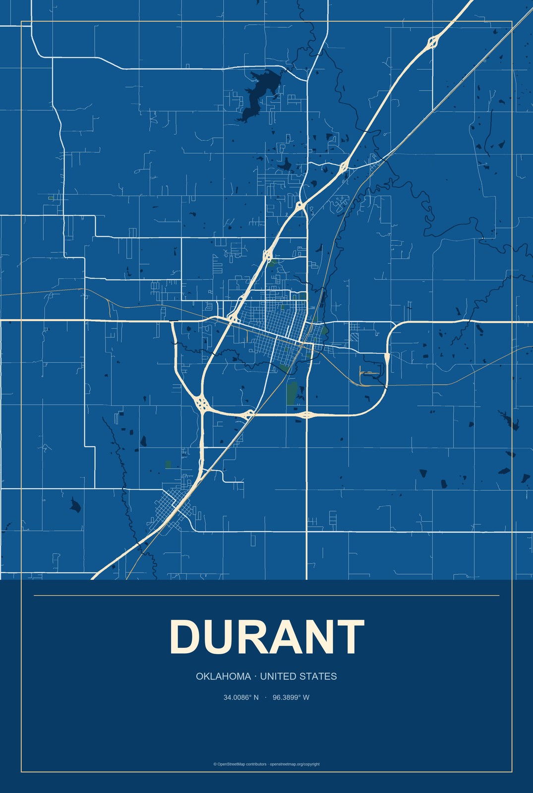 Durant, Oklahoma City Map Aluminum Sign in Harbor Cobalt style