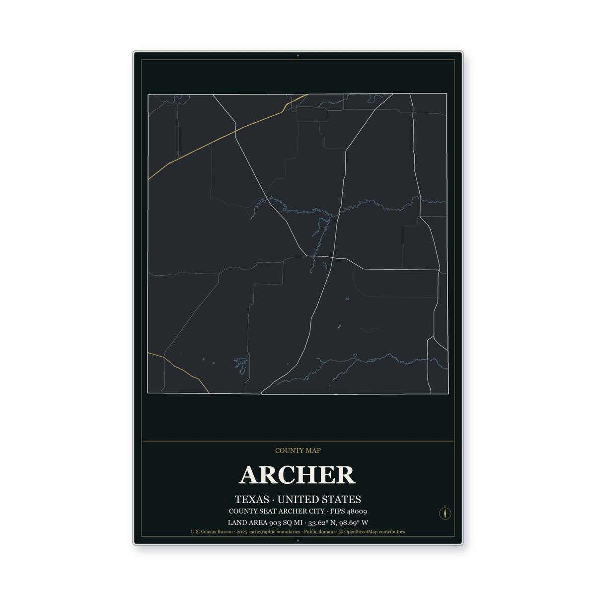 Archer County, Texas Map Aluminum Sign in Metropolitan Noir style