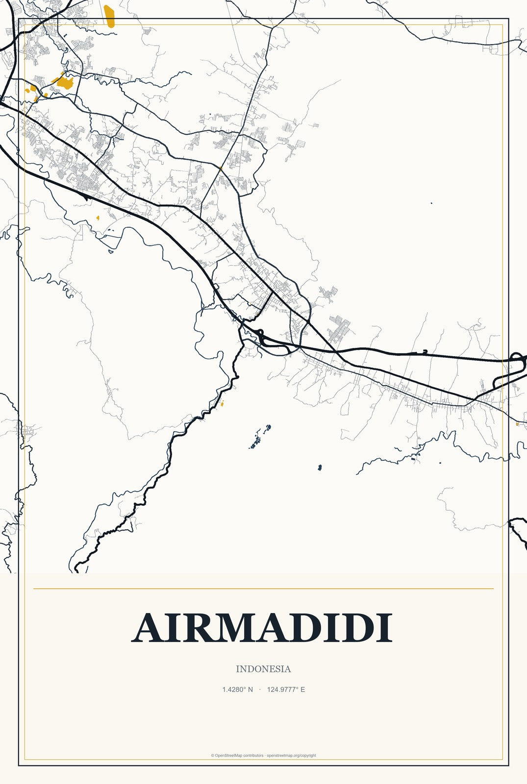 Airmadidi, Indonesia City Map Aluminum Sign in Citrine Modern style