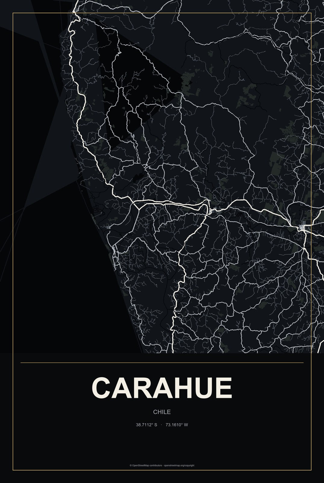Carahue, Chile City Map Aluminum Sign in Metropolitan Noir style