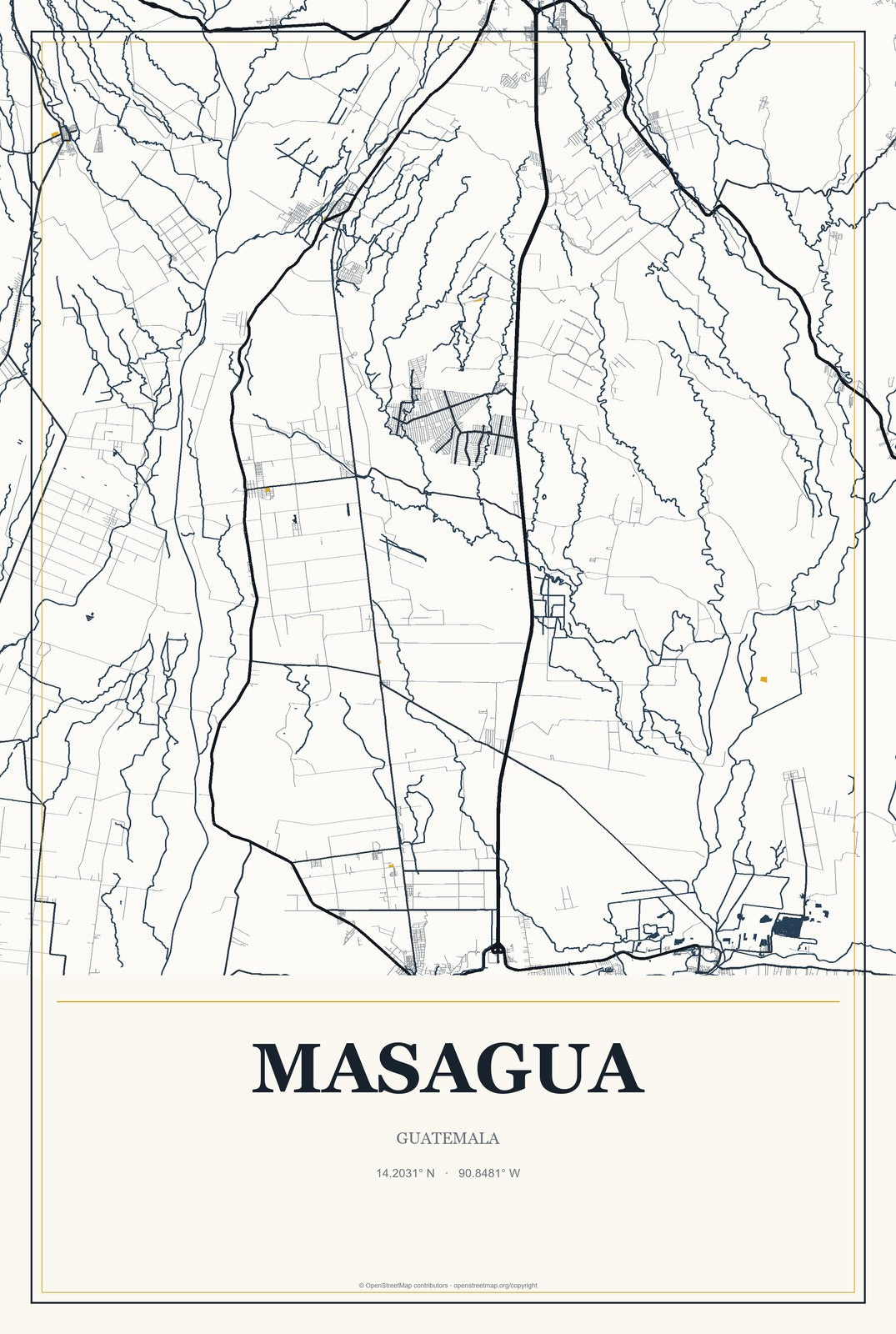 Masagua, Guatemala City Map Aluminum Sign in Citrine Modern style