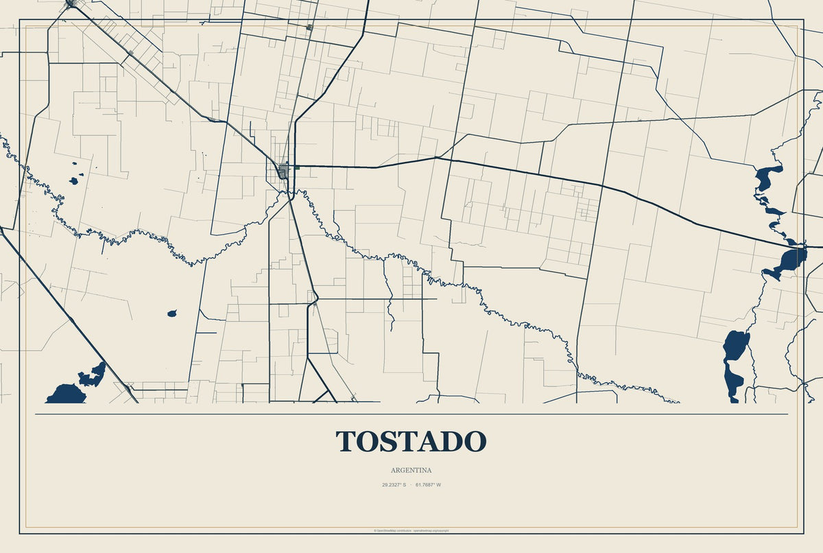 Tostado, Argentina City Map Aluminum Sign in Coastal Cutout style