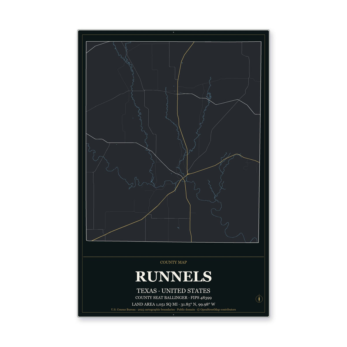 Runnels County, Texas Map Aluminum Sign in Metropolitan Noir style