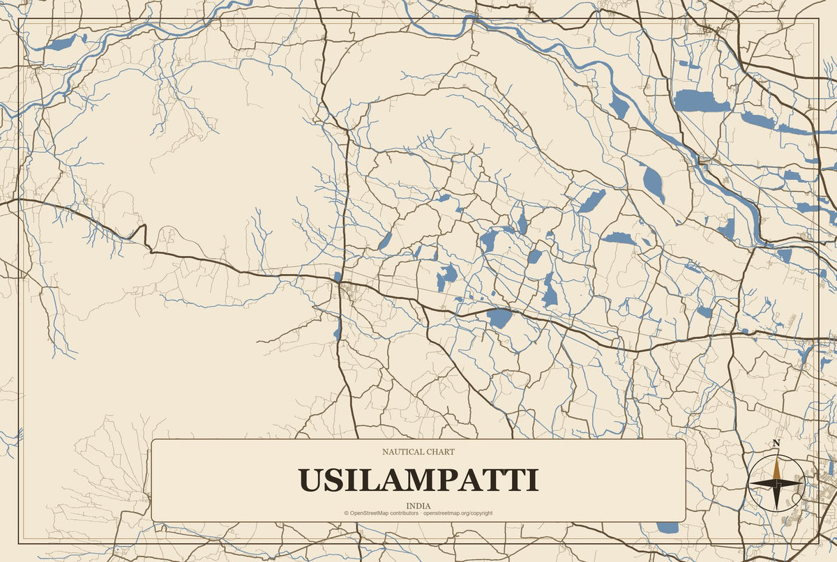 Usilampatti, India City Map Aluminum Sign in Heritage Nautical style