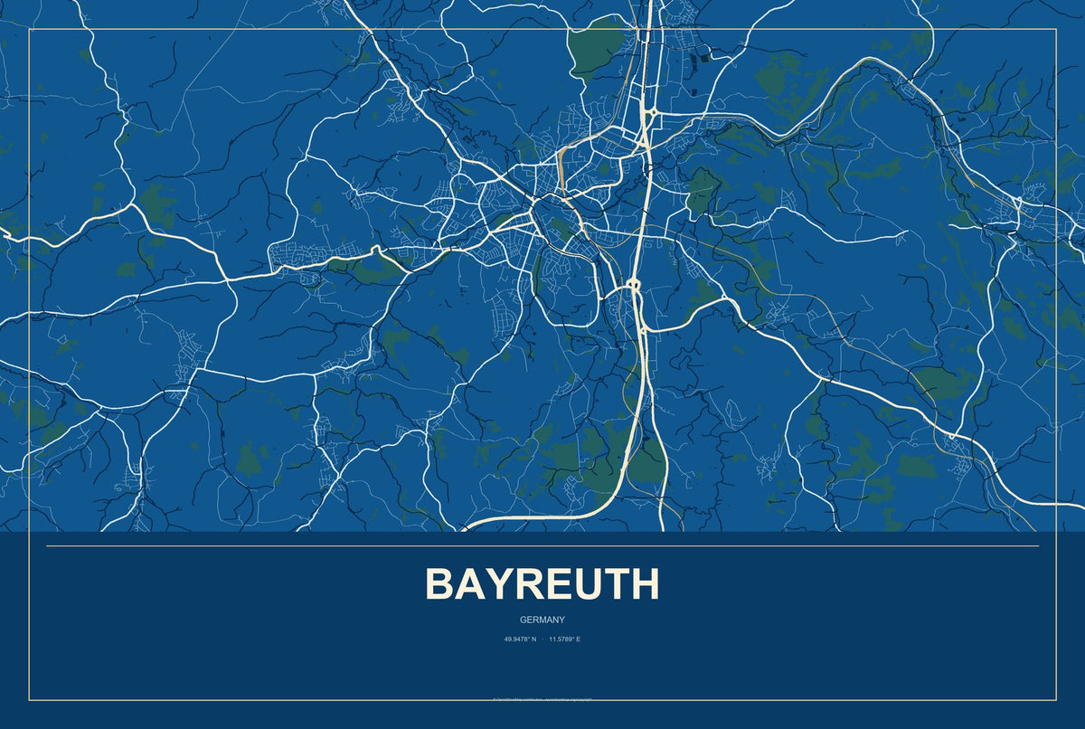 Bayreuth, Germany City Map Aluminum Sign in Harbor Cobalt style
