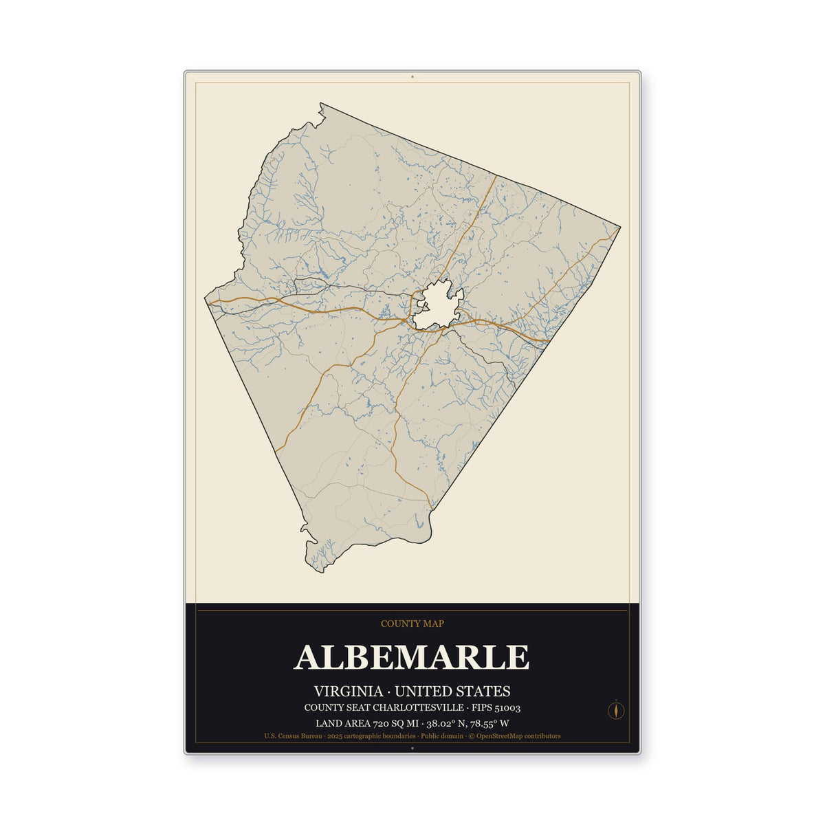 Albemarle County, Virginia Map Aluminum Sign in Museum Plaque style