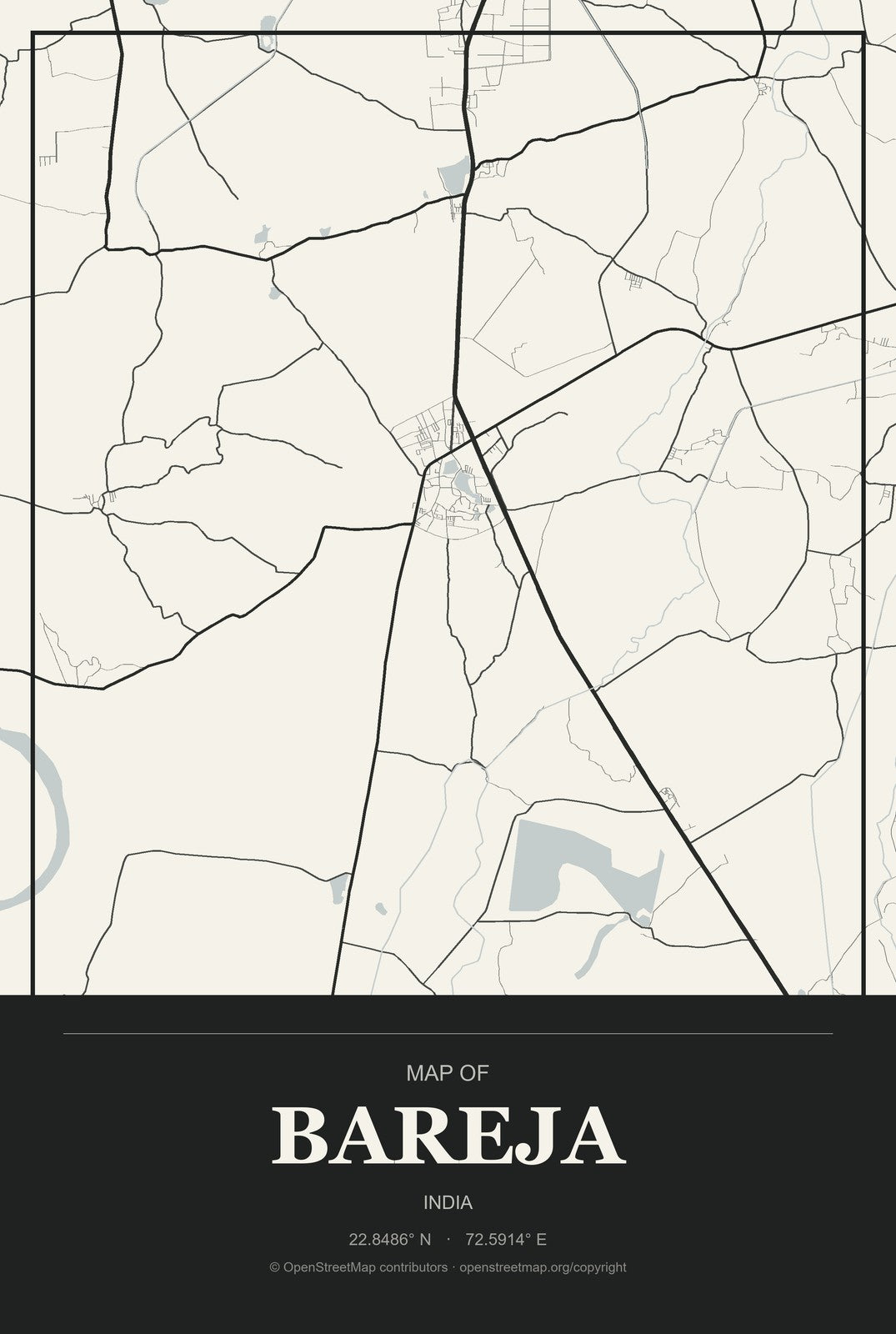 Bareja, India City Map Aluminum Sign in Museum Plaque style
