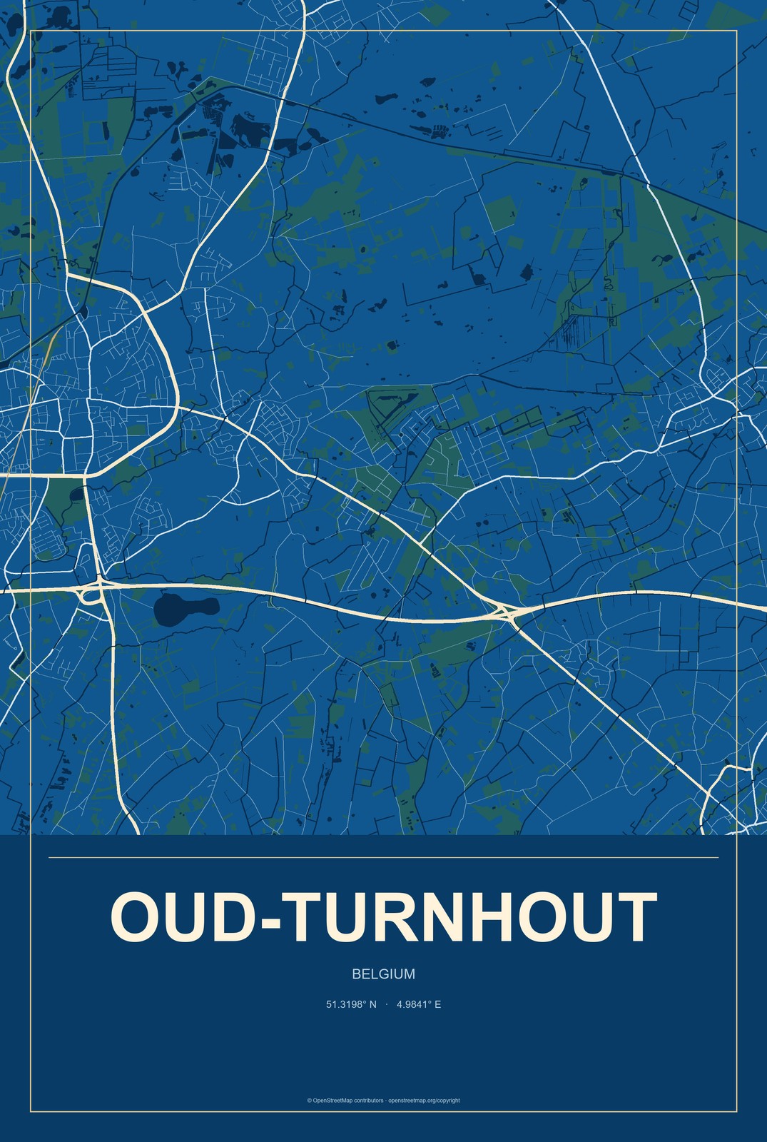 Oud-Turnhout, Belgium City Map Aluminum Sign in Harbor Cobalt style