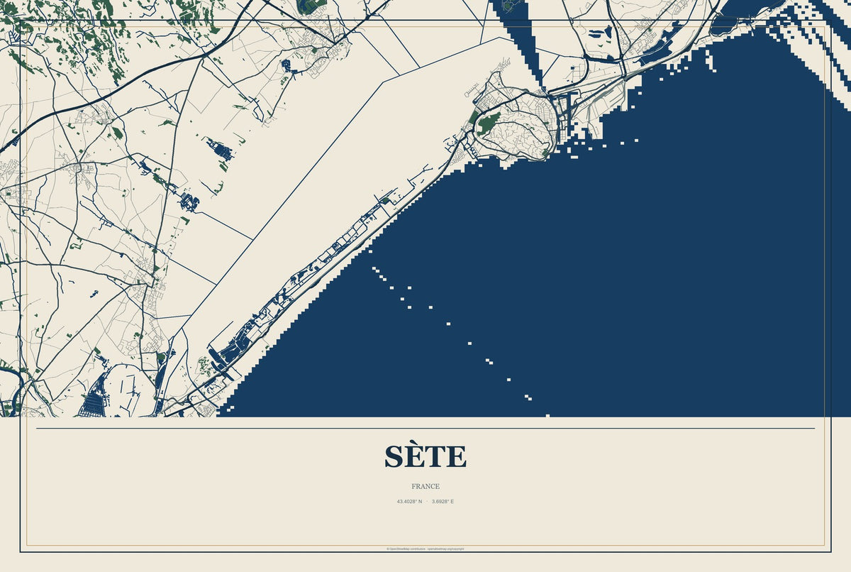 Sète, France City Map Aluminum Sign in Coastal Cutout style