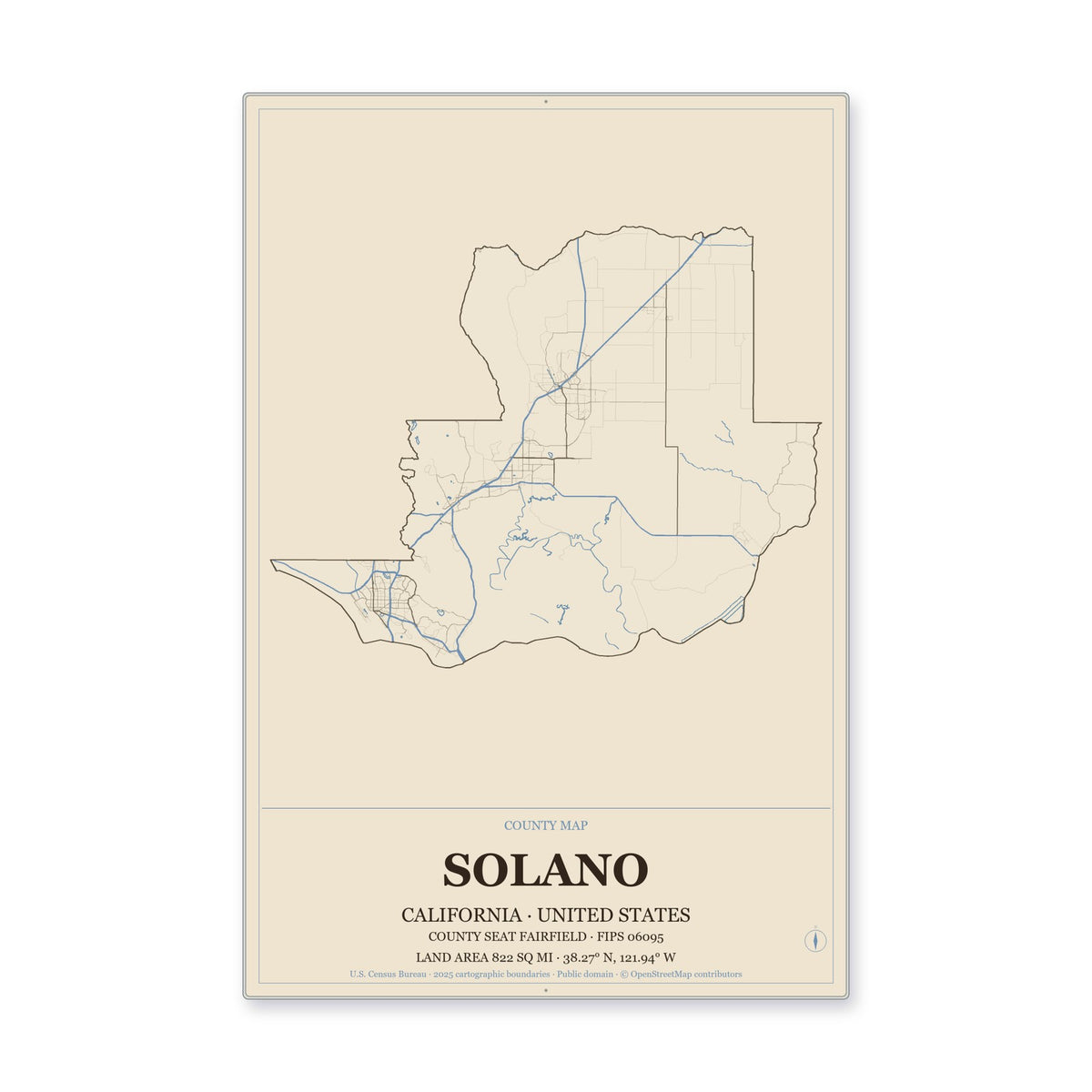 Solano County, California Map Aluminum Sign in Heritage Nautical style