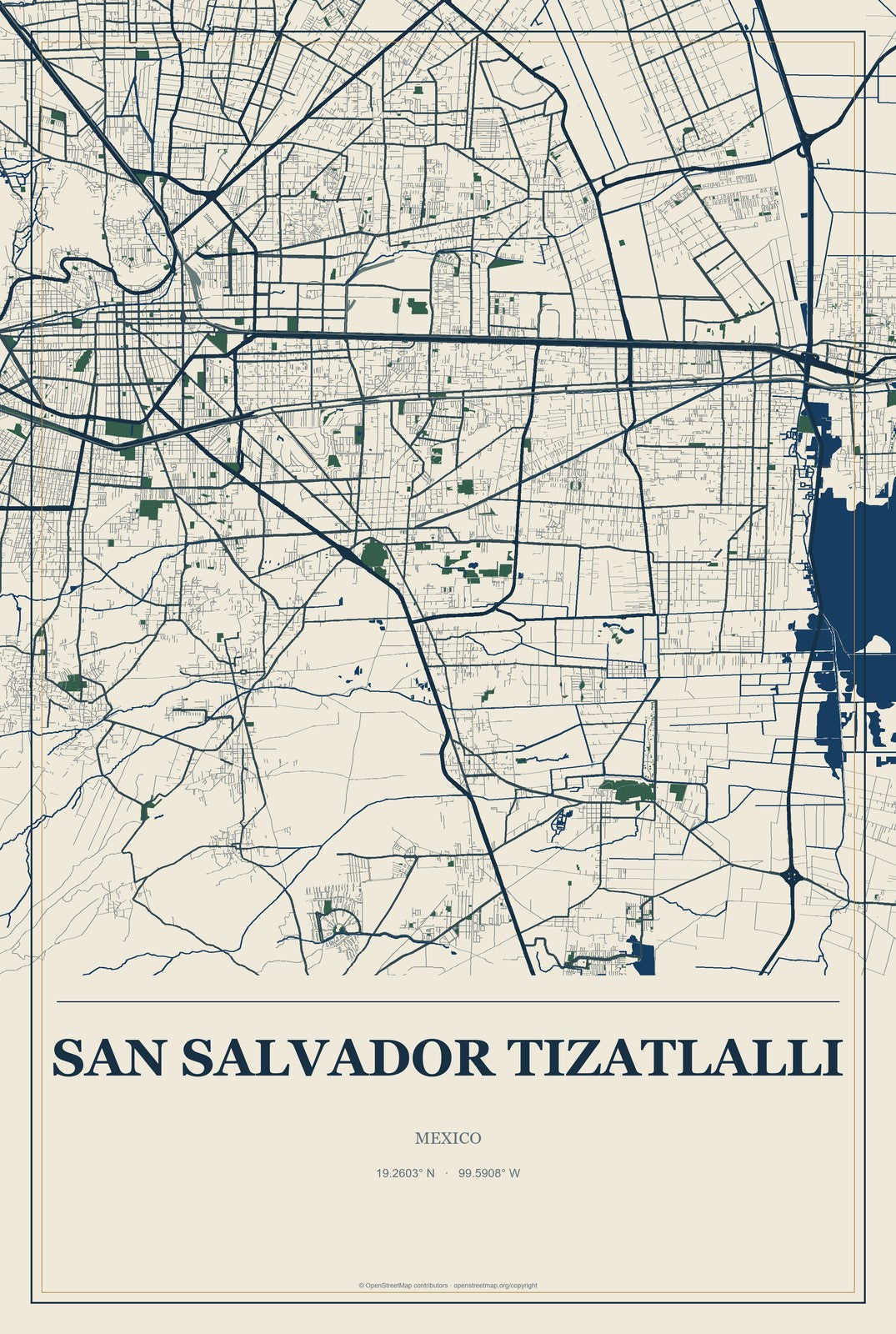 San Salvador Tizatlalli, Mexico City Map Aluminum Sign in Coastal Cutout style