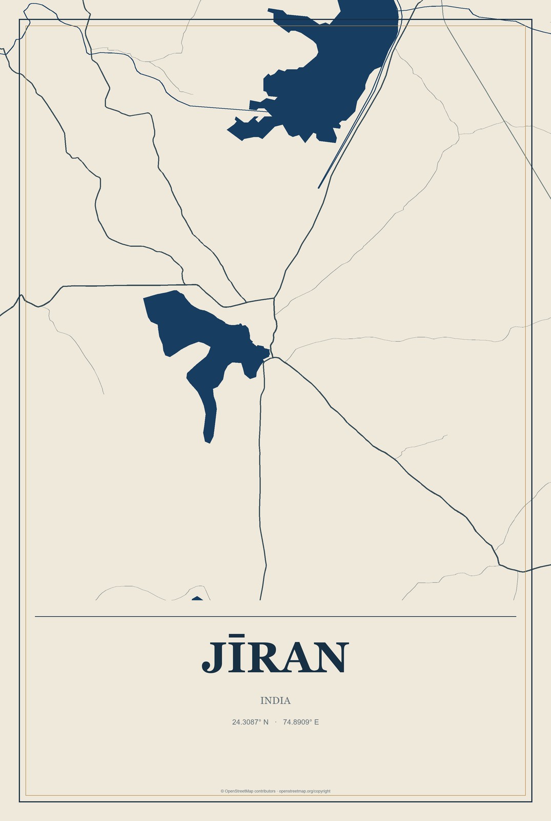 Jīran, India City Map Aluminum Sign in Coastal Cutout style