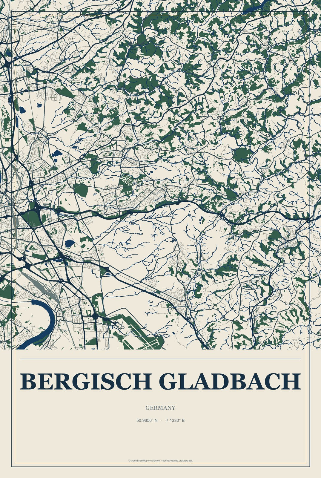 Bergisch Gladbach, Germany City Map Aluminum Sign in Coastal Cutout style