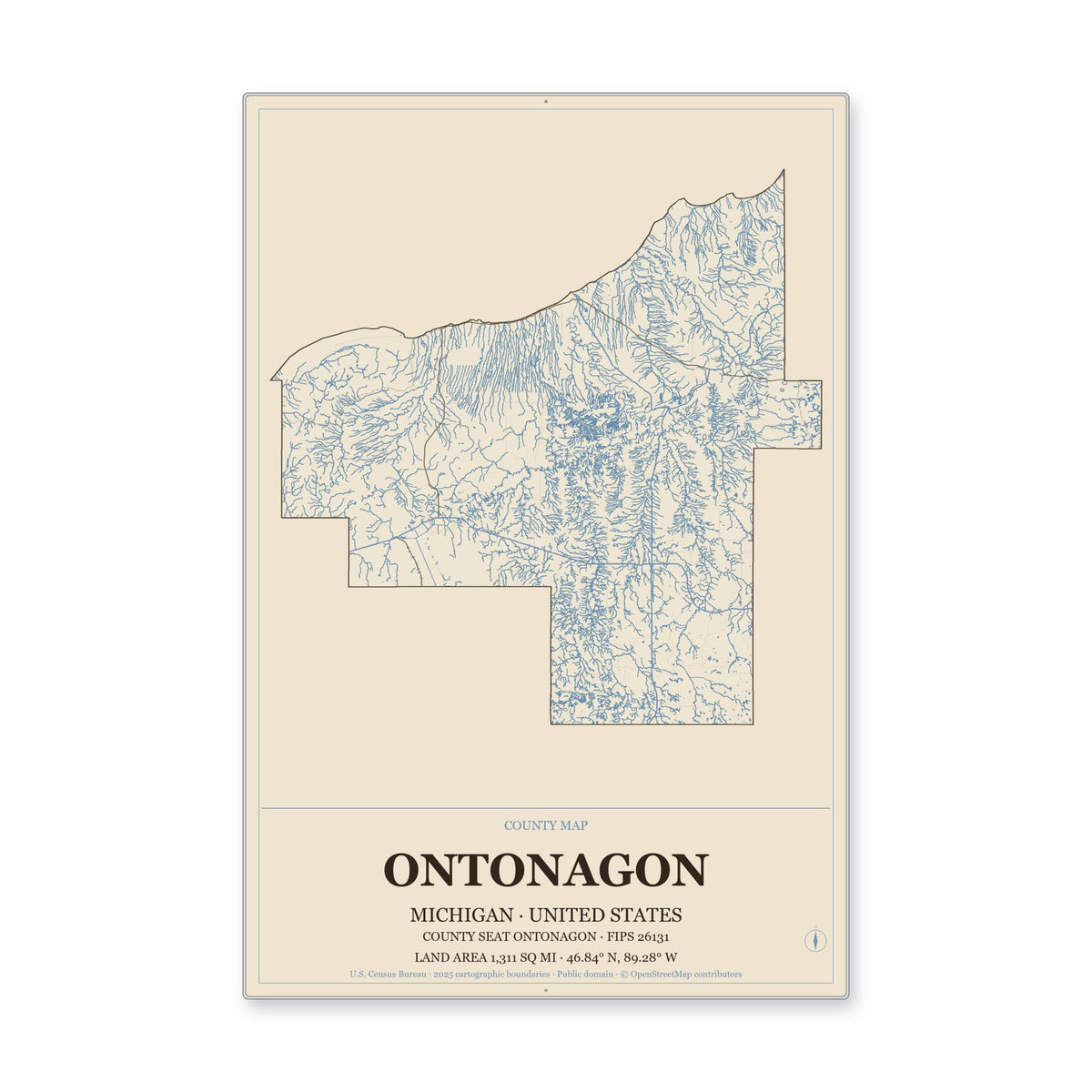 Ontonagon County, Michigan Map Aluminum Sign in Heritage Nautical style