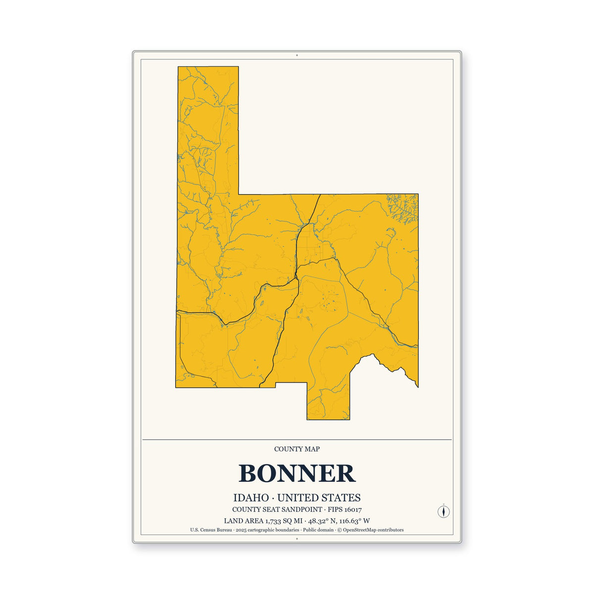 Bonner County, Idaho Map Aluminum Sign in Citrine Modern style
