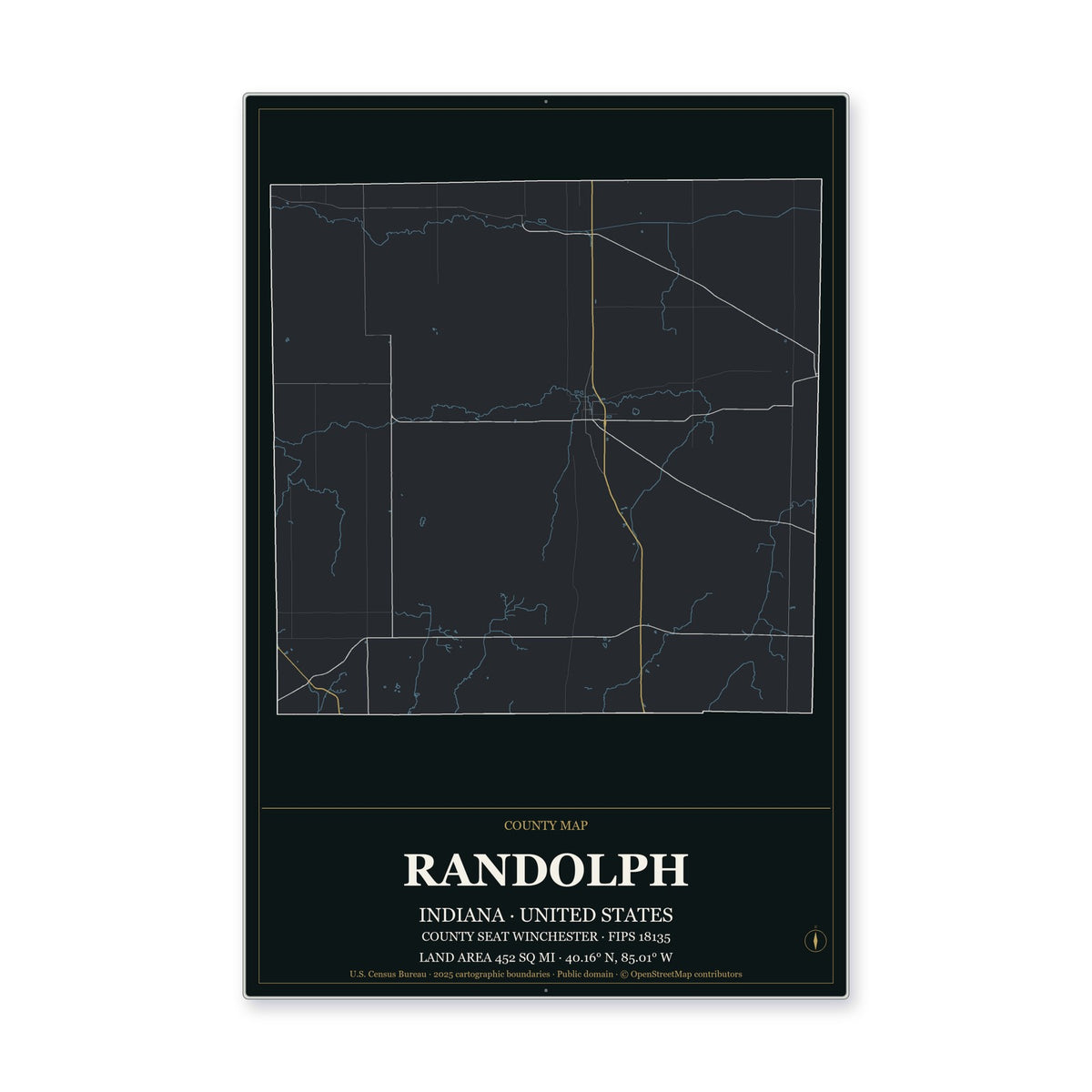 Randolph County, Indiana Map Aluminum Sign in Metropolitan Noir style