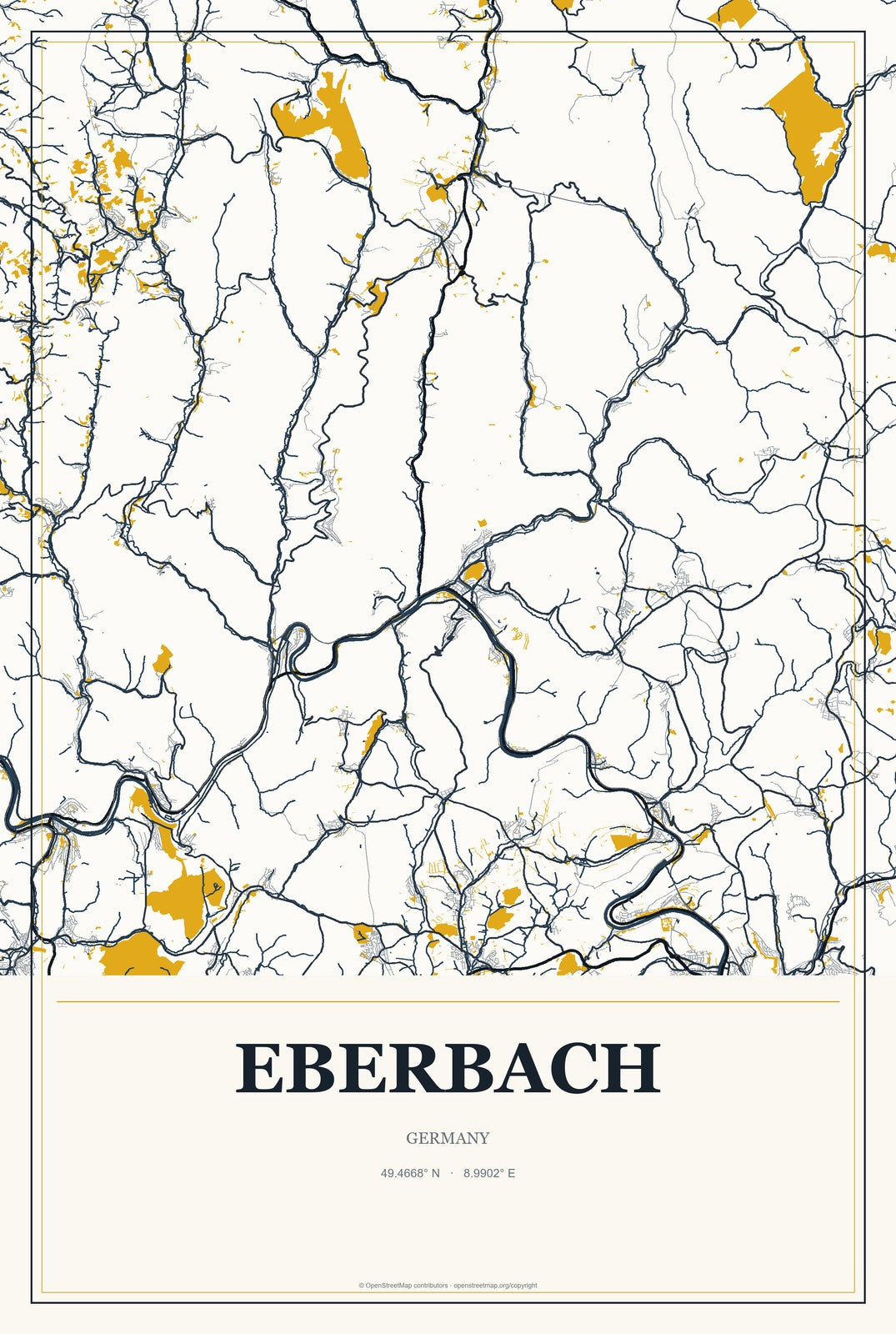 Eberbach, Germany City Map Aluminum Sign in Citrine Modern style