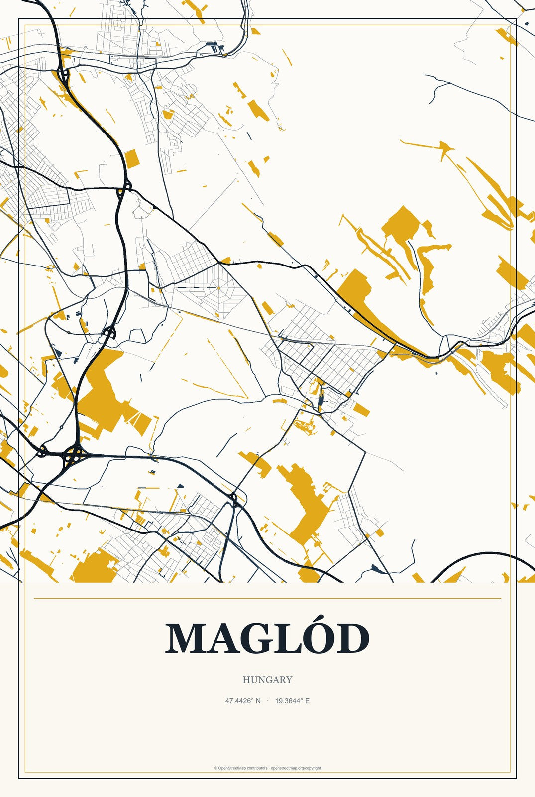 Maglód, Hungary City Map Aluminum Sign in Citrine Modern style