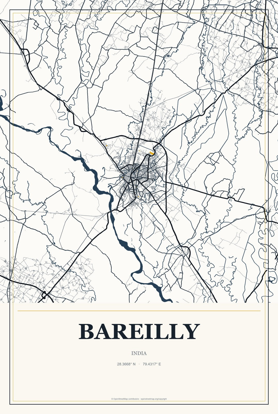 Bareilly, India City Map Aluminum Sign in Citrine Modern style