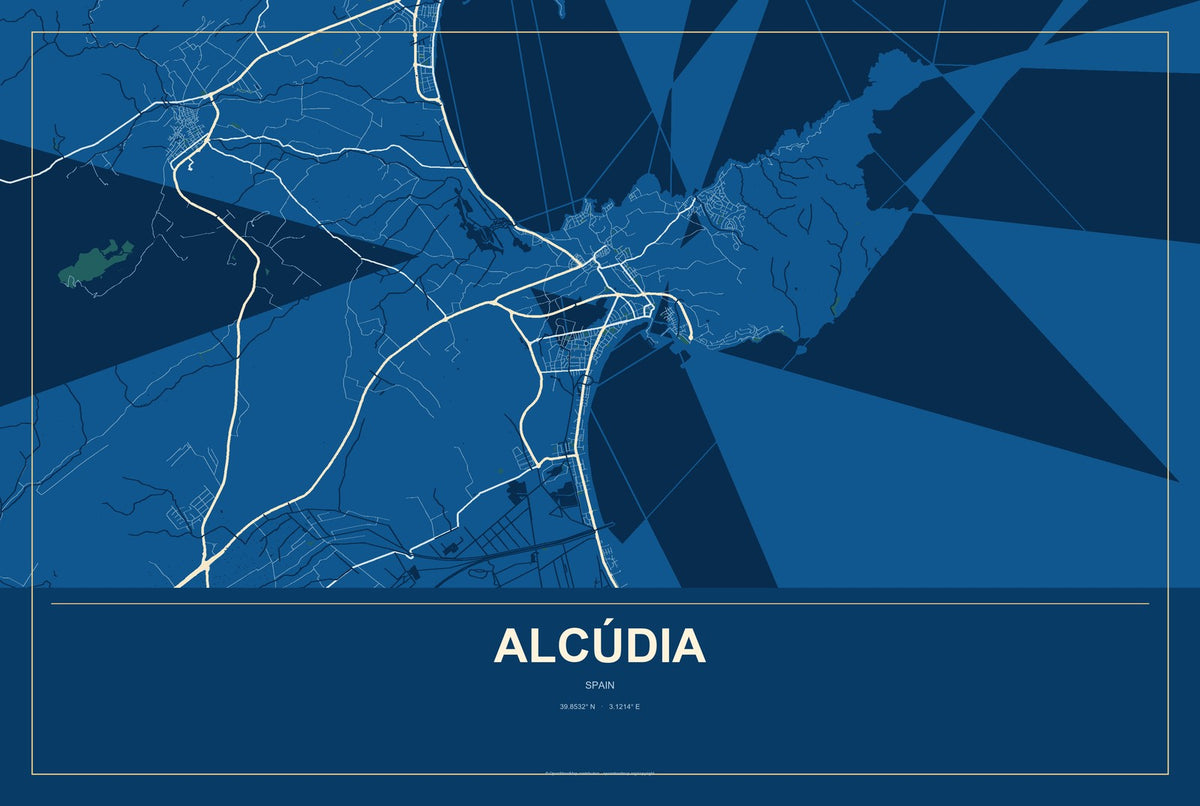 Alcúdia, Spain City Map Aluminum Sign in Harbor Cobalt style