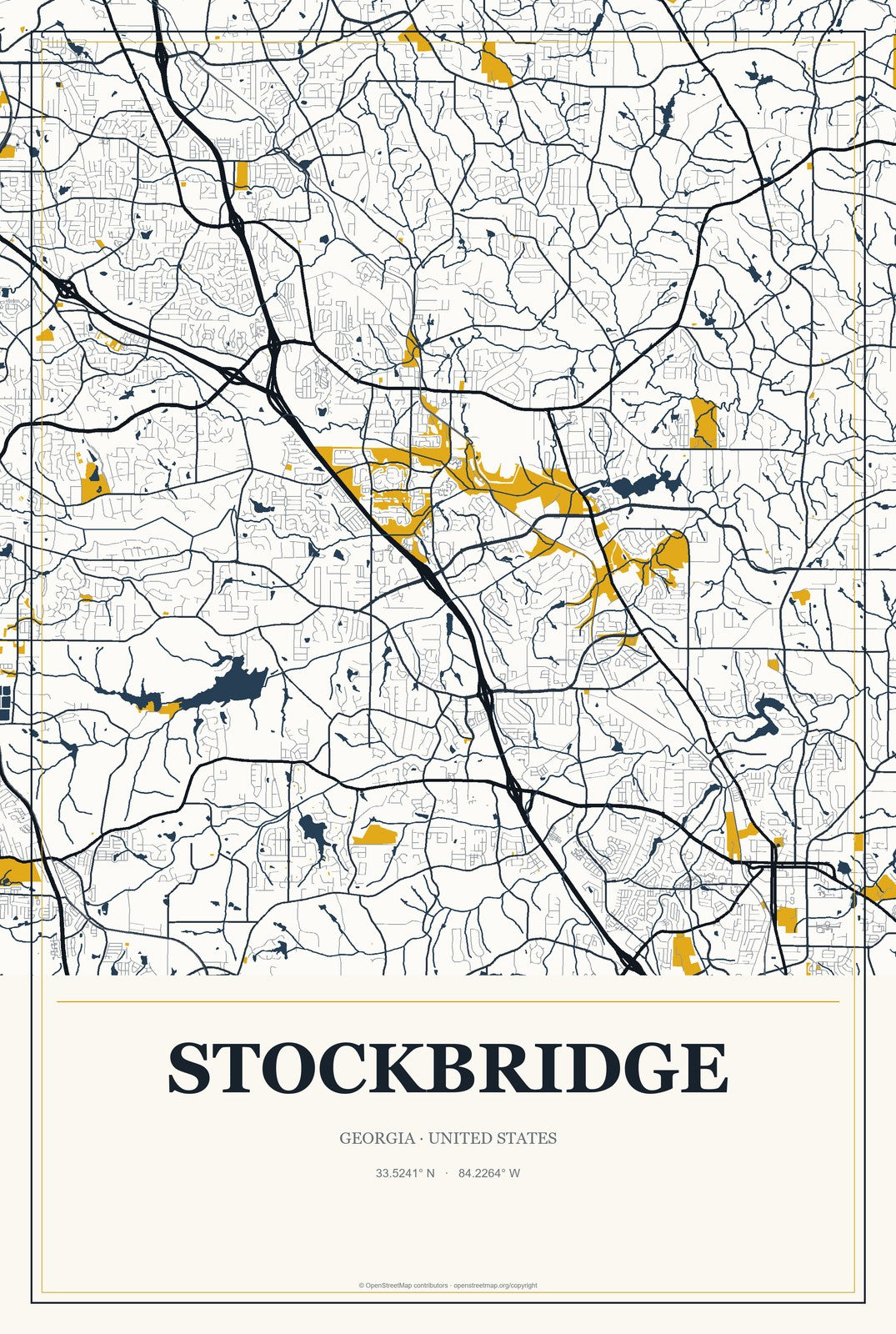 Stockbridge, Georgia City Map Aluminum Sign in Citrine Modern style