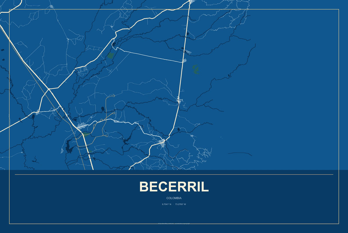 Becerril, Colombia City Map Aluminum Sign in Harbor Cobalt style