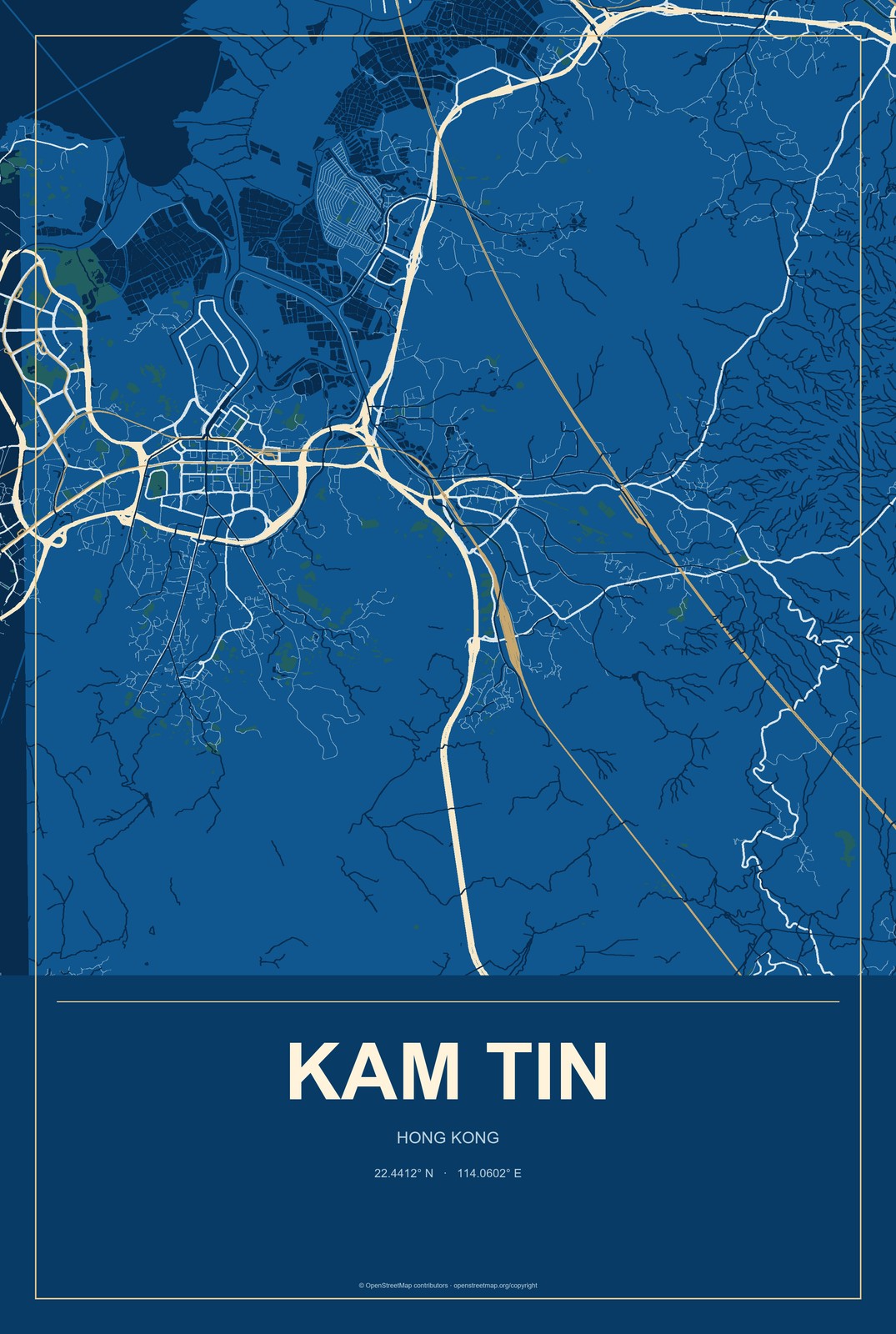 Kam Tin, Hong Kong City Map Aluminum Sign in Harbor Cobalt style