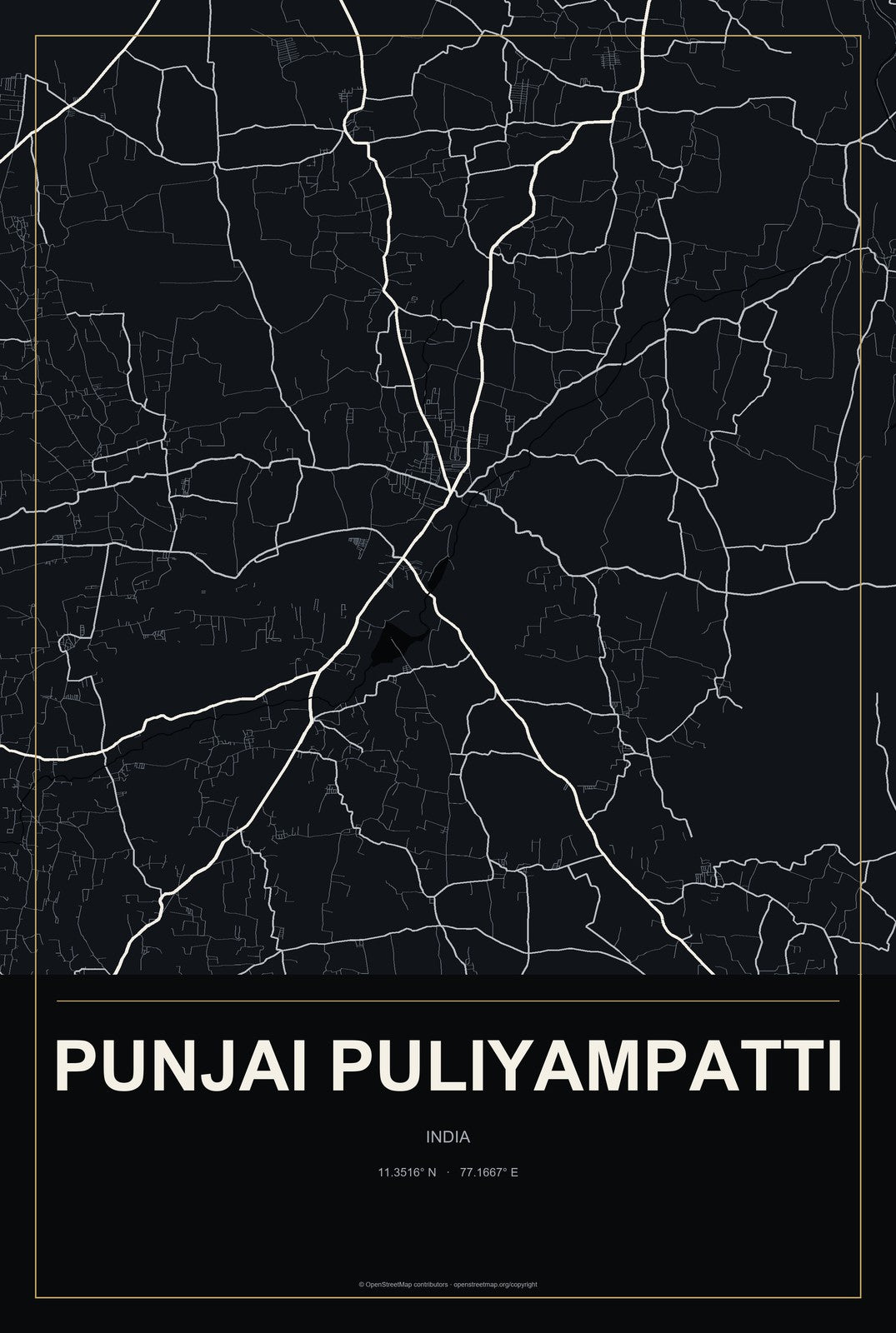 Punjai Puliyampatti, India City Map Aluminum Sign in Metropolitan Noir style