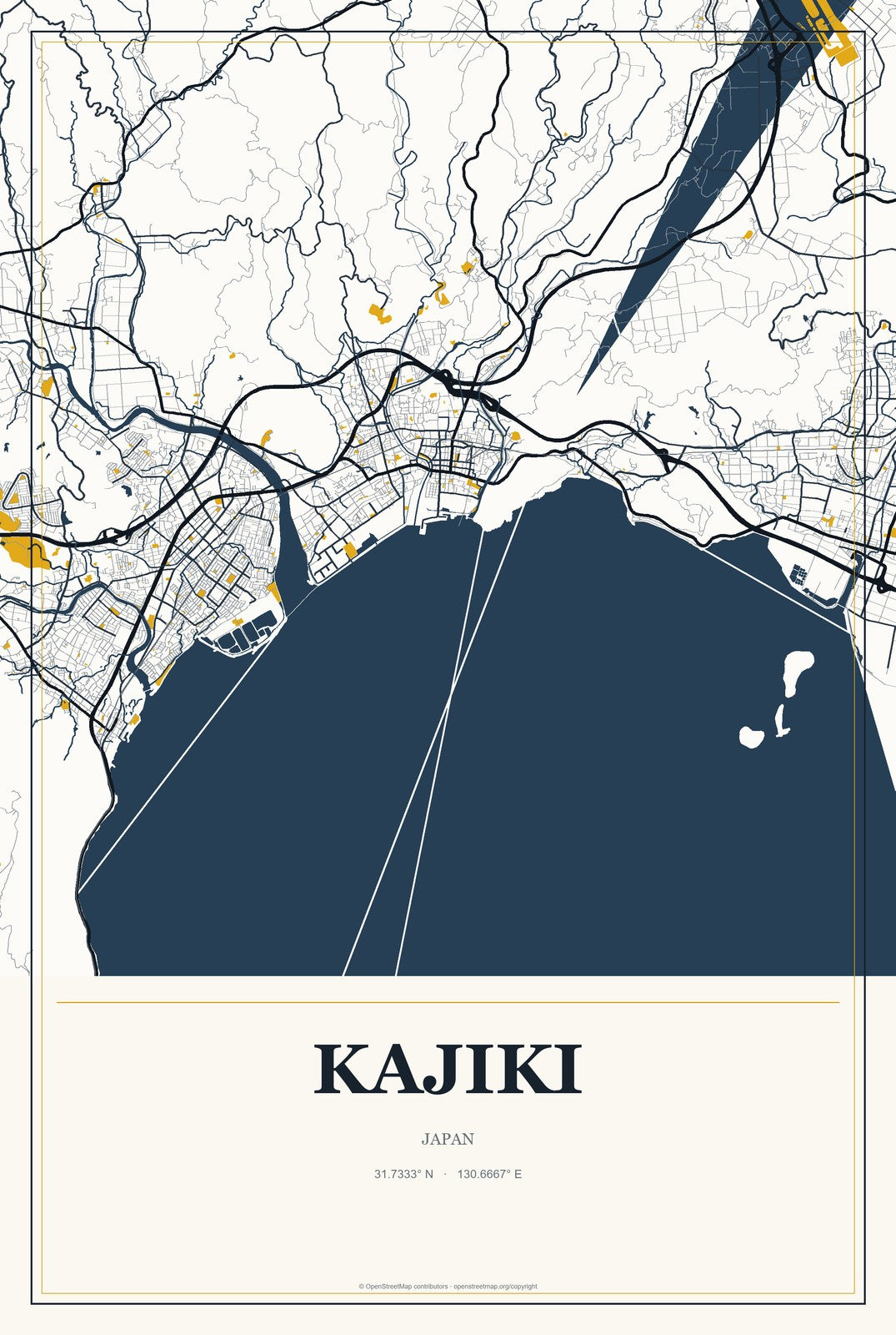 Kajiki, Japan City Map Aluminum Sign in Citrine Modern style
