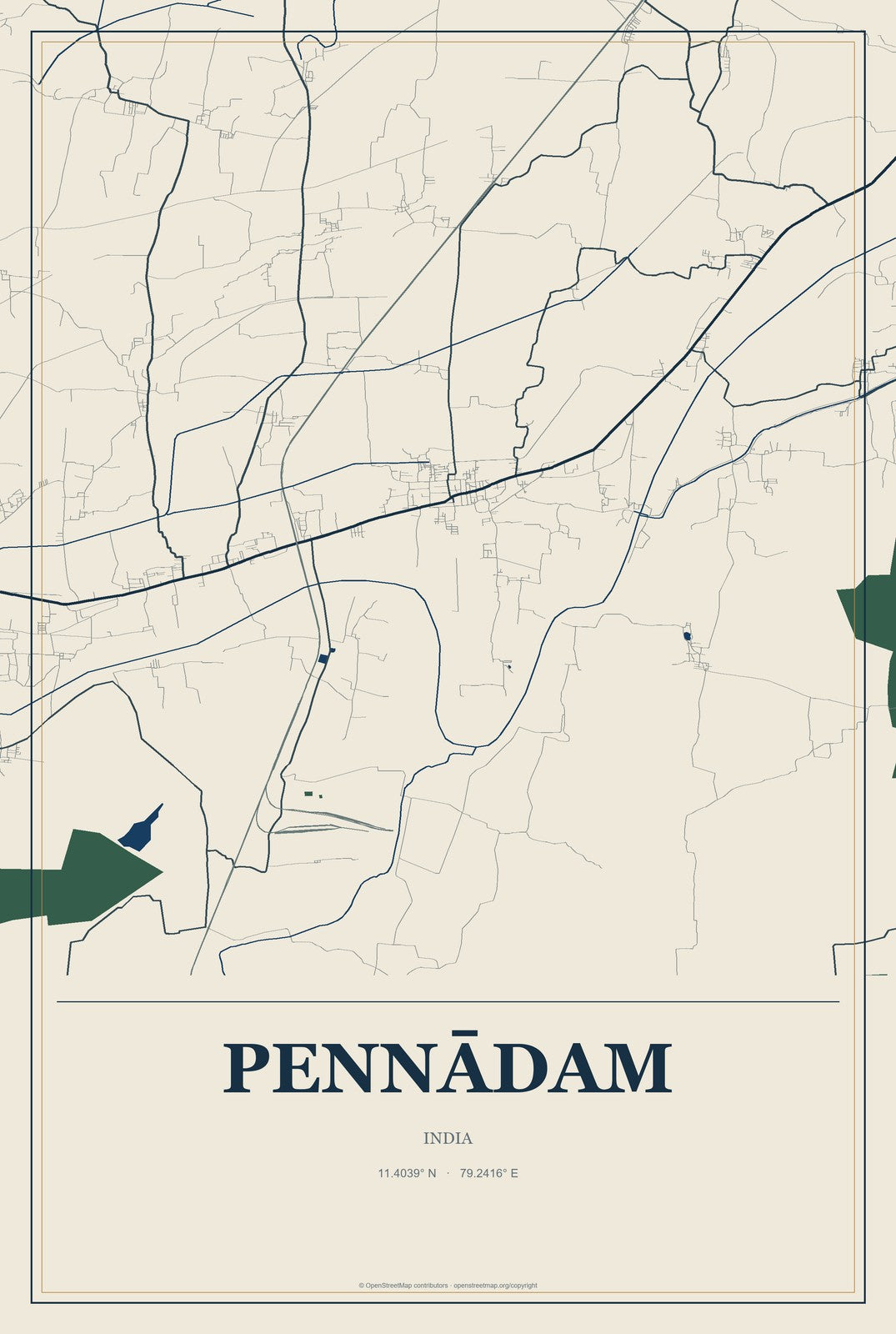Pennādam, India City Map Aluminum Sign in Coastal Cutout style