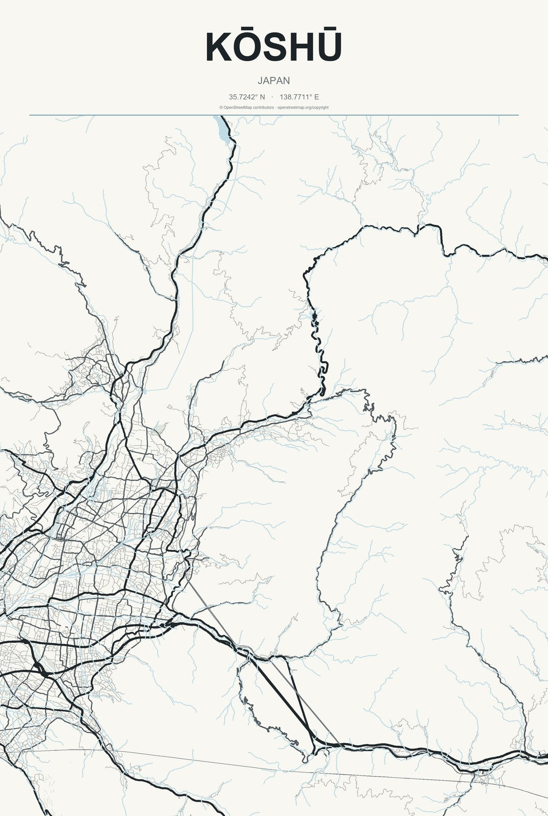 Kōshū, Japan City Map Aluminum Sign in Headline Atlas style