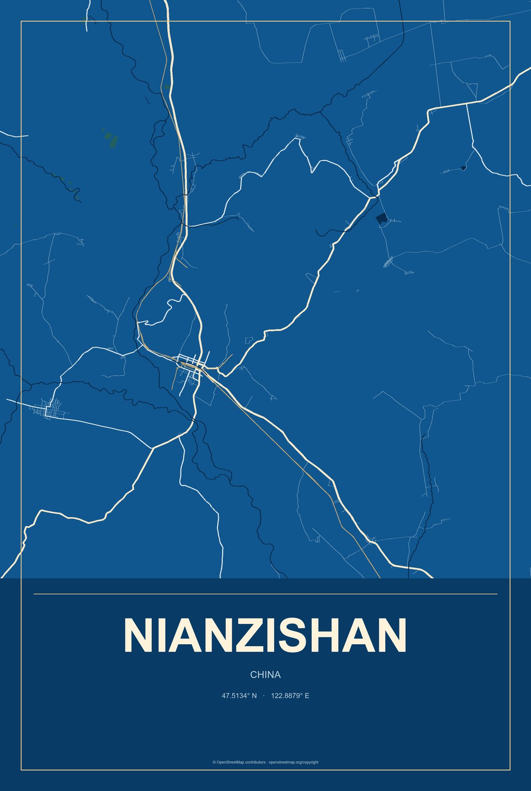Nianzishan, China City Map Aluminum Sign in Harbor Cobalt style