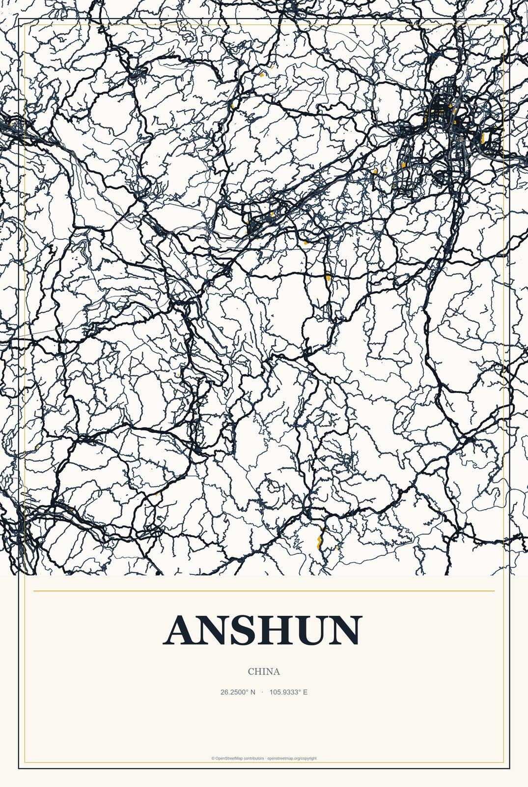 Anshun, China City Map Aluminum Sign in Citrine Modern style