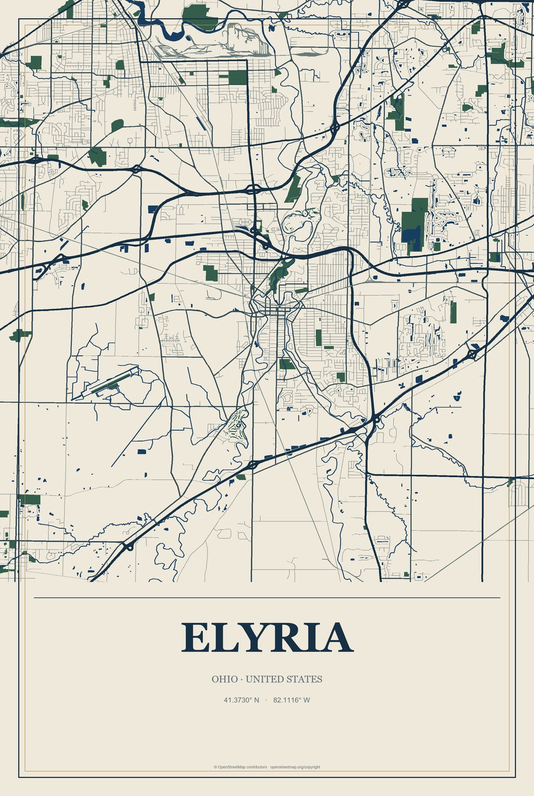 Elyria, Ohio City Map Aluminum Sign in Coastal Cutout style