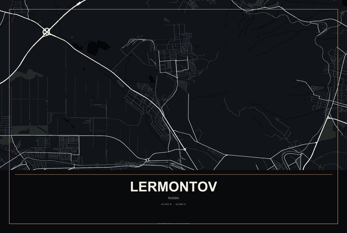 Lermontov, Russia City Map Aluminum Sign in Metropolitan Noir style