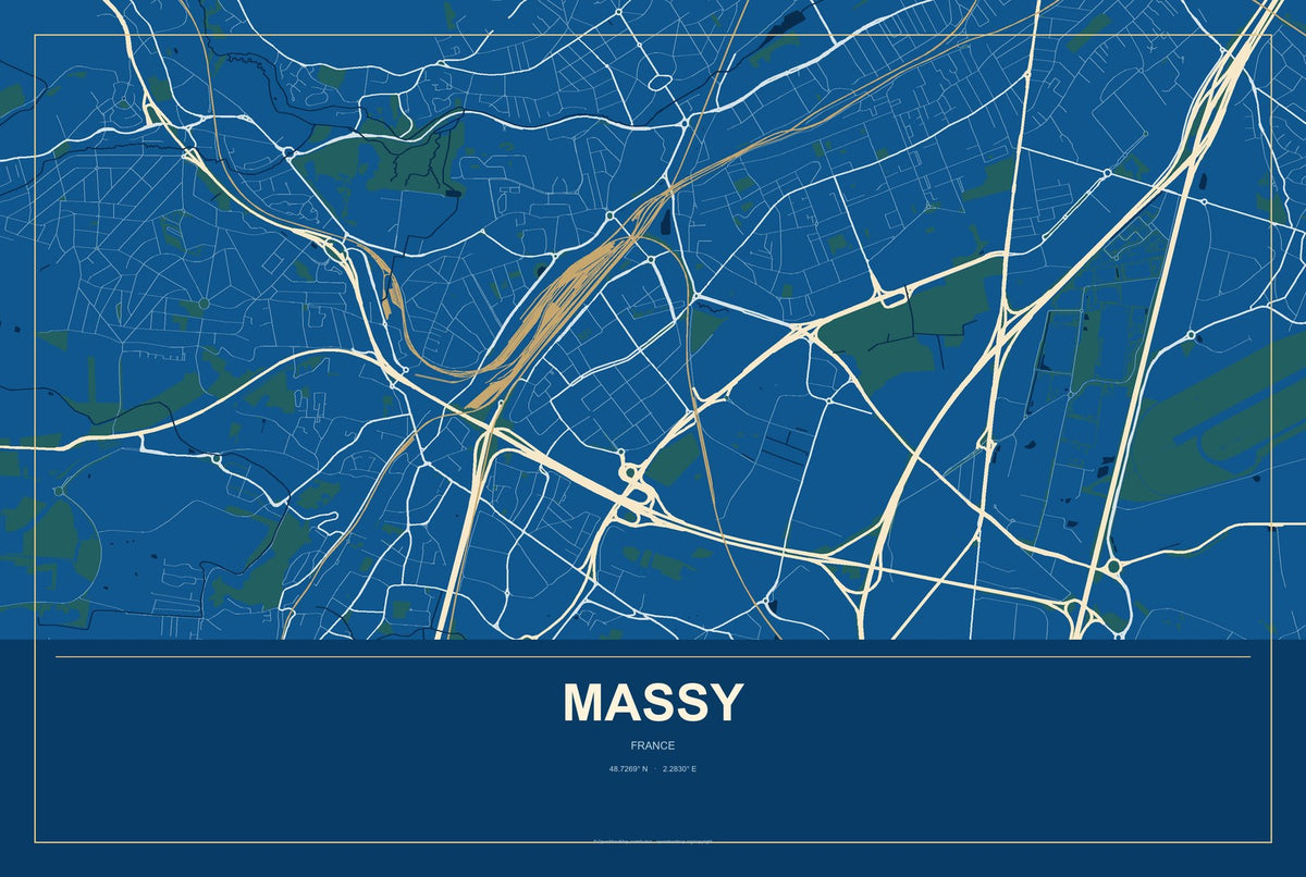 Massy, France City Map Aluminum Sign in Harbor Cobalt style