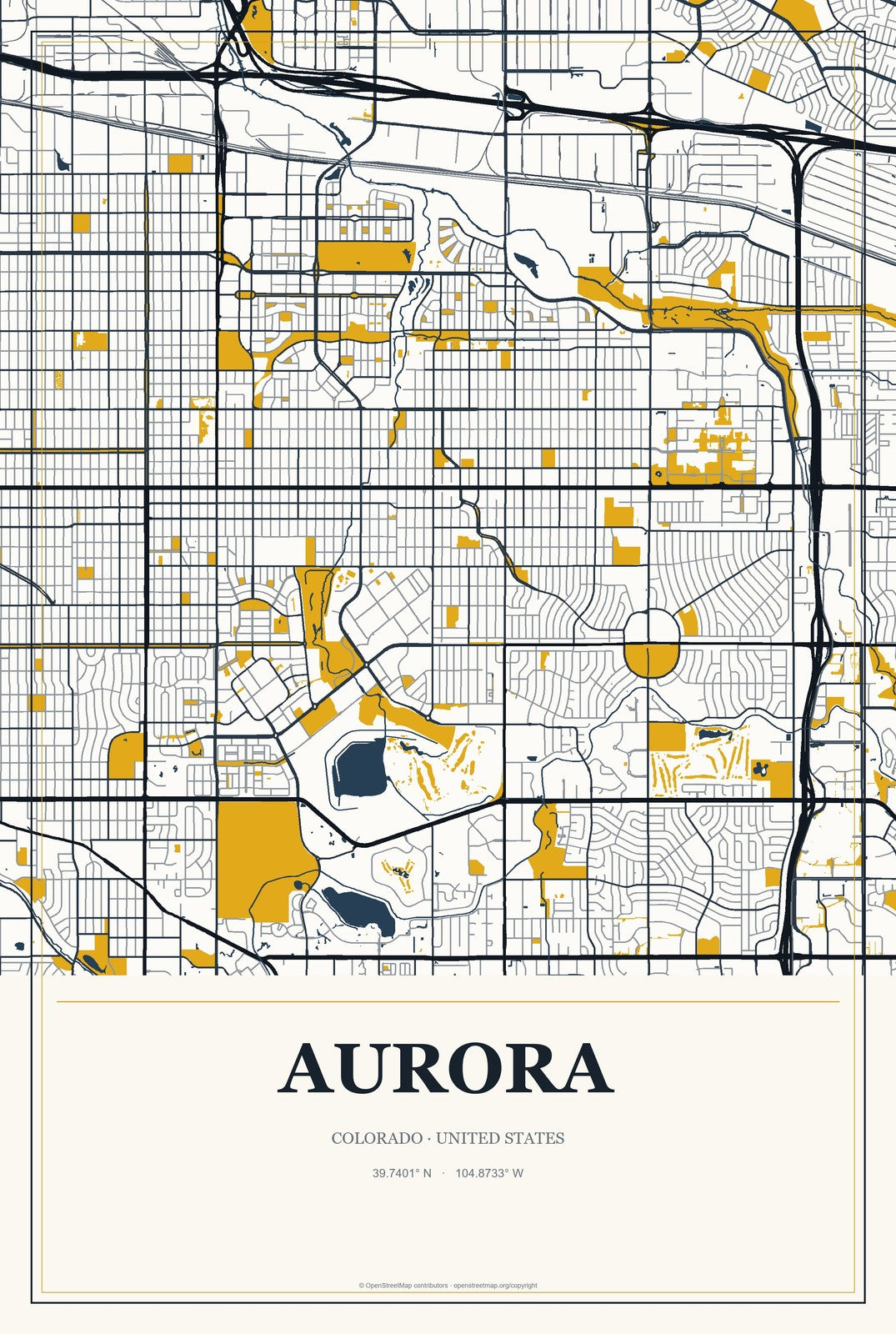 Aurora, Colorado City Map Aluminum Sign in Citrine Modern style