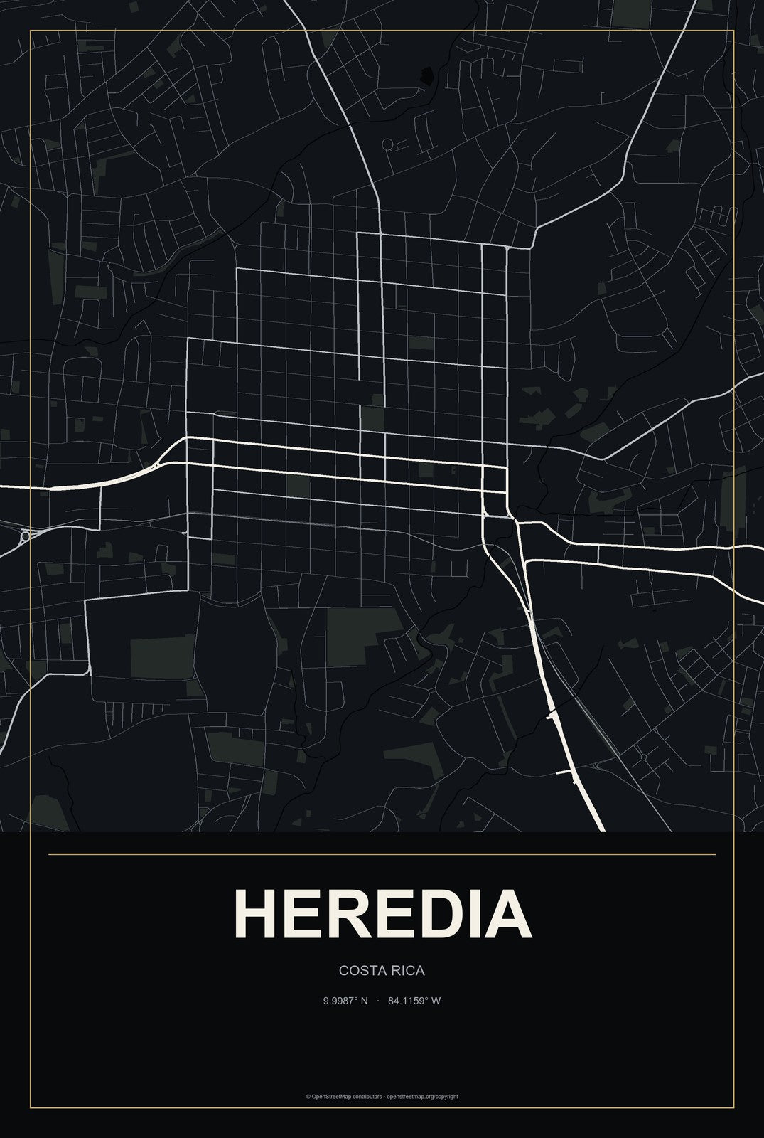 Heredia, Costa Rica City Map Aluminum Sign in Metropolitan Noir style